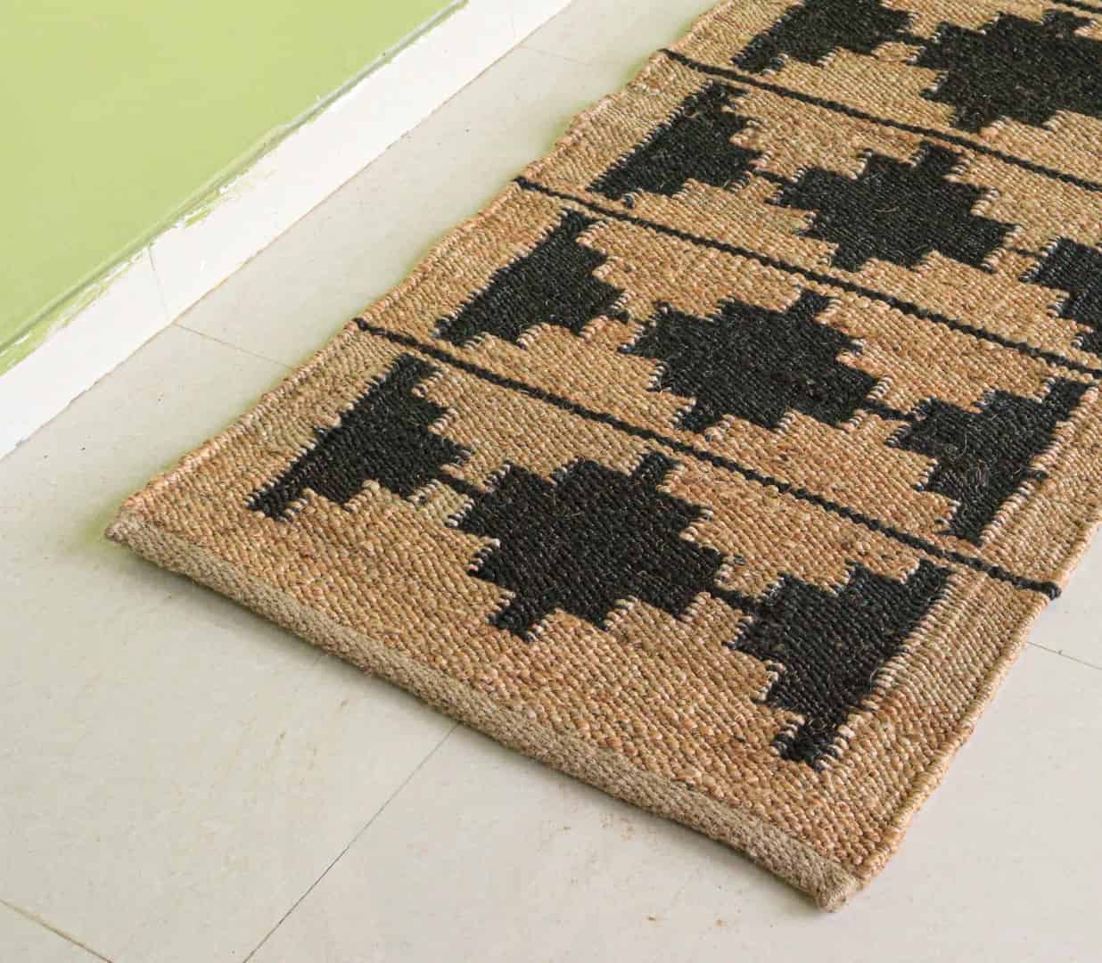 Beige Hemp Runner Jute Rug with Black Design Indian Hand Loomed Stair Decor Jute Hemp Runner Rug Large Runner Jute Dhurrie For Living Room - Image 3