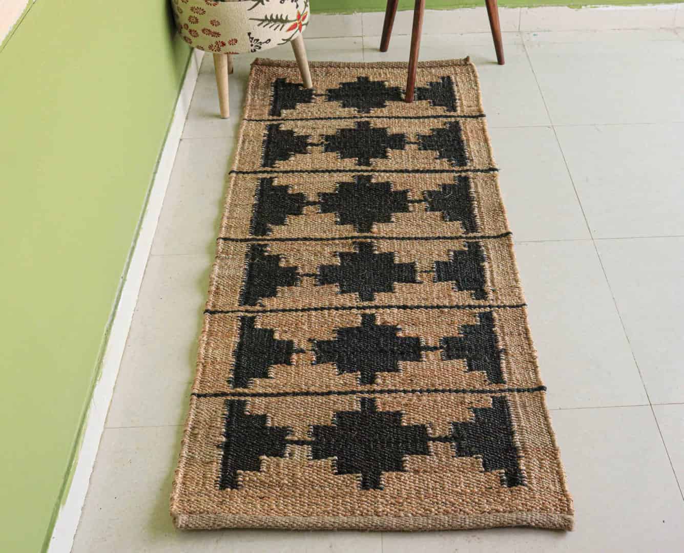 Beige Hemp Runner Jute Rug with Black Design Indian Hand Loomed Stair Decor Jute Hemp Runner Rug Large Runner Jute Dhurrie For Living Room - Image 2