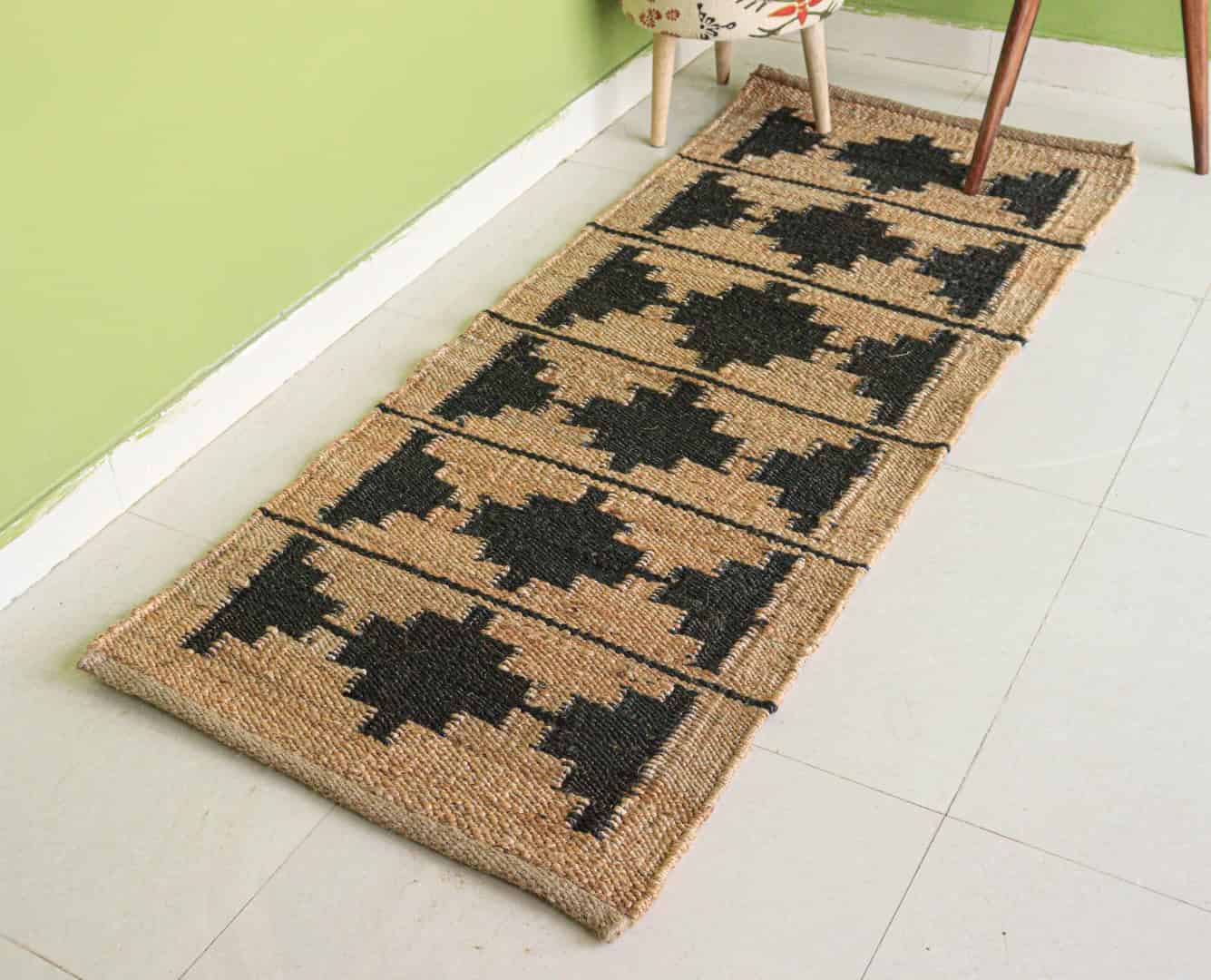 Beige Hemp Runner Jute Rug with Black Design Indian Hand Loomed Stair Decor Jute Hemp Runner Rug Large Runner Jute Dhurrie For Living Room - Image 1