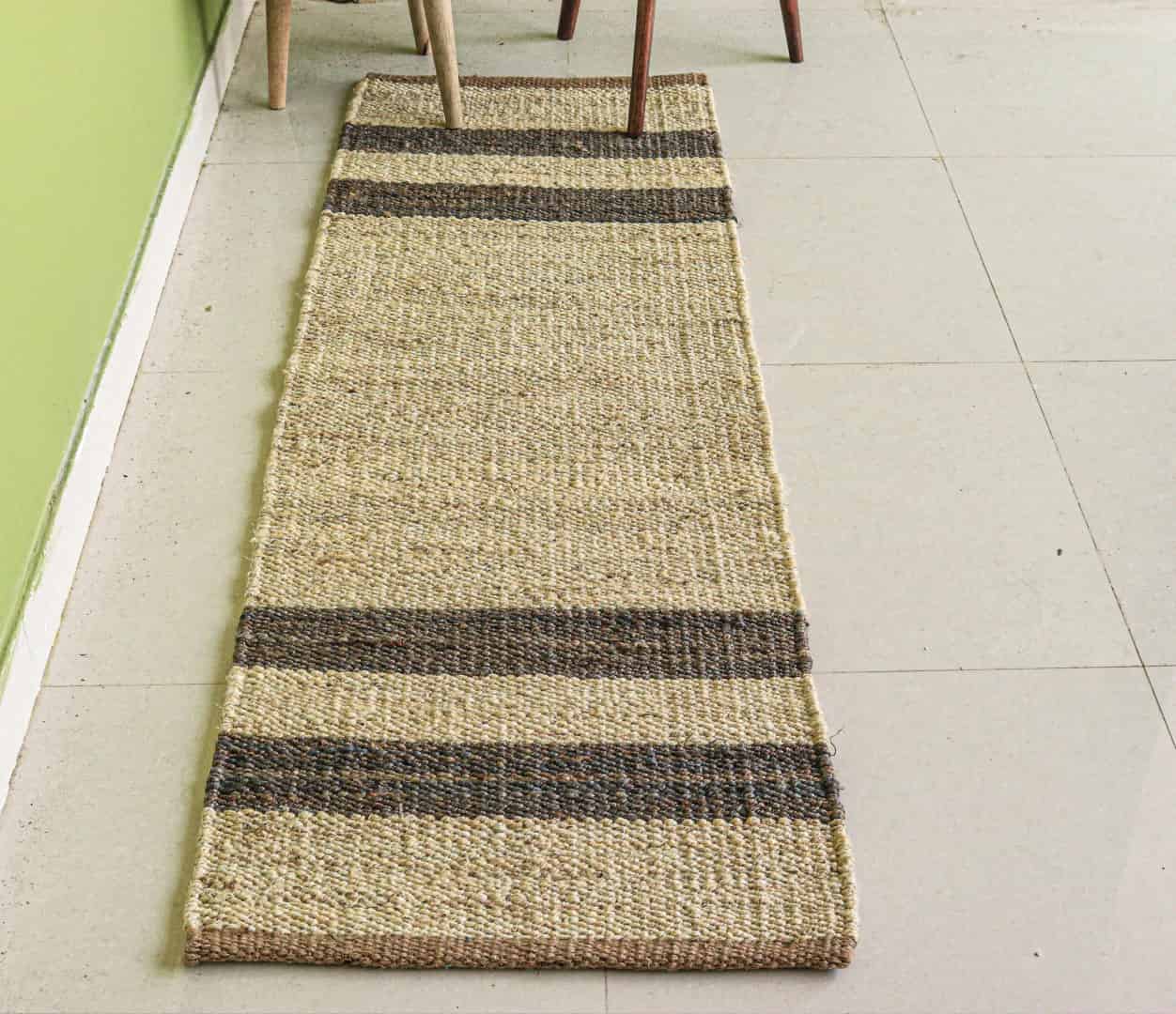 Indian Hand Loomed Off White Jute Hemp Runner Rug with Grey Stripe Line Vintage Runner Rug Handmade Hemp Runner Dhurrie Rug  - Image 2