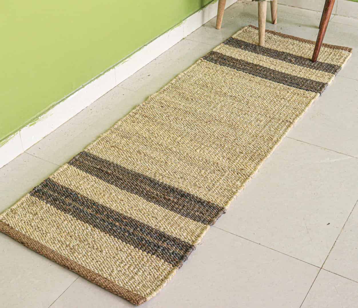 Indian Hand Loomed Off White Jute Hemp Runner Rug with Grey Stripe Line Vintage Runner Rug Handmade Hemp Runner Dhurrie Rug  - Image 3