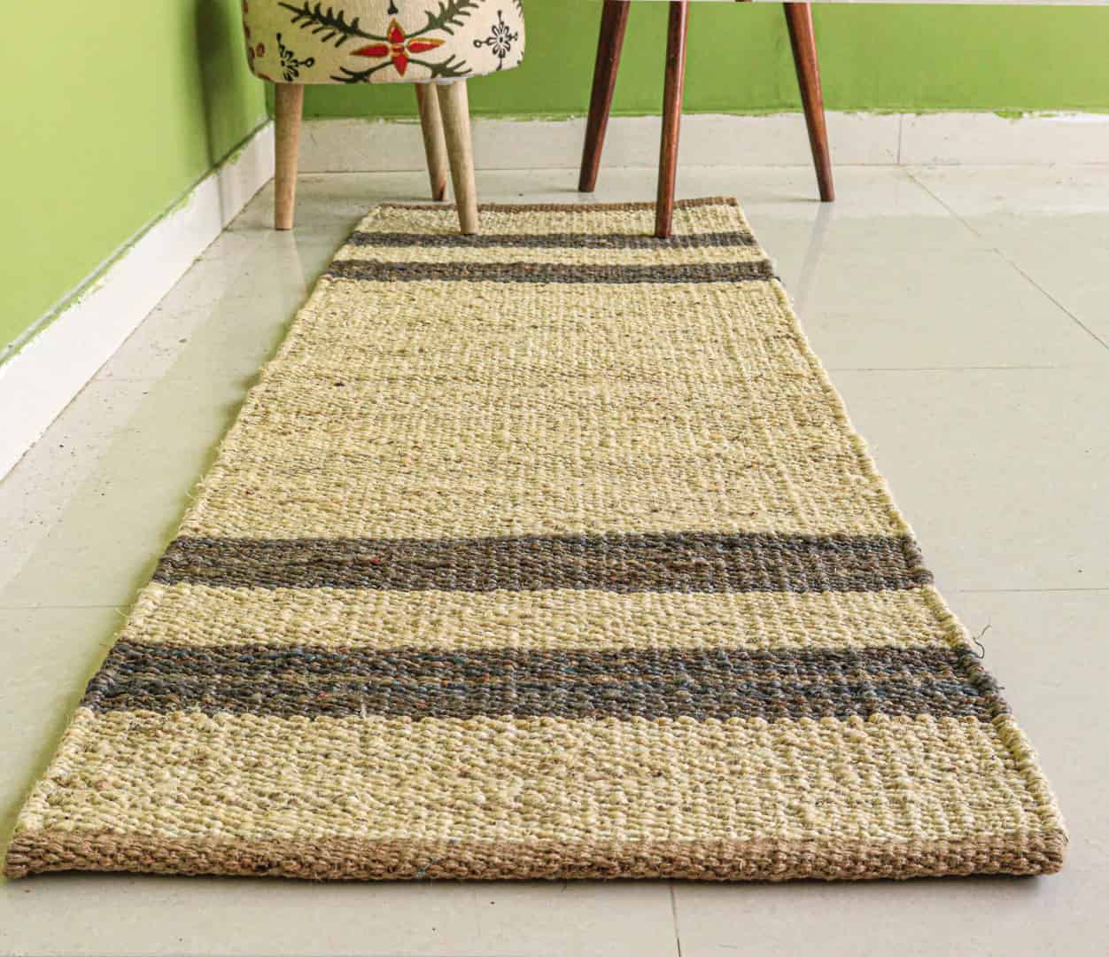 Indian Hand Loomed Off White Jute Hemp Runner Rug with Grey Stripe Line Vintage Runner Rug Handmade Hemp Runner Dhurrie Rug  - Image 5
