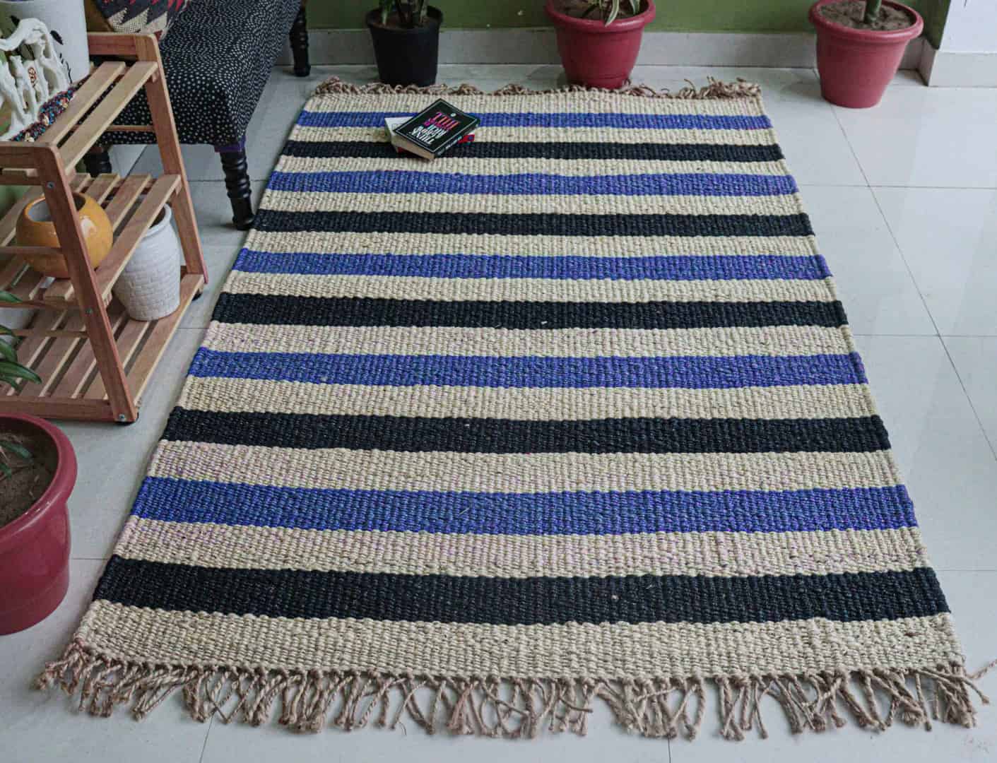 Handmade Off White Jute Hemp Rug For Living Area Decor With Blue and Black Stripes Vintage Large Dhurrie Rug For Decor Room Area Rug  - Image 2