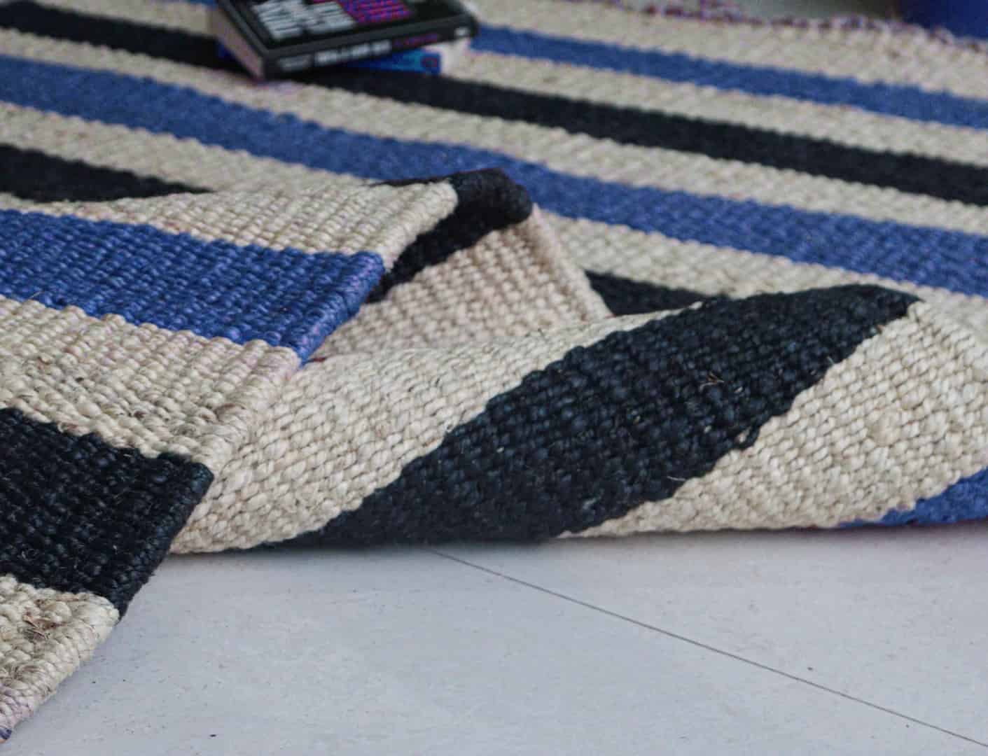 Handmade Off White Jute Hemp Rug For Living Area Decor With Blue and Black Stripes Vintage Large Dhurrie Rug For Decor Room Area Rug  - Image 7