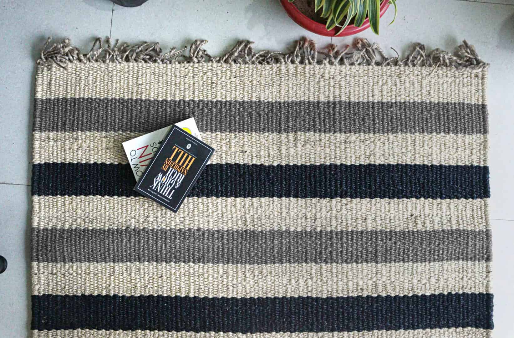 Handmade Off White Jute Hemp Rug For Living Area Decor With Grey and Black Stripes With Fringes Decor Hemp Jute Rug  - Image 7