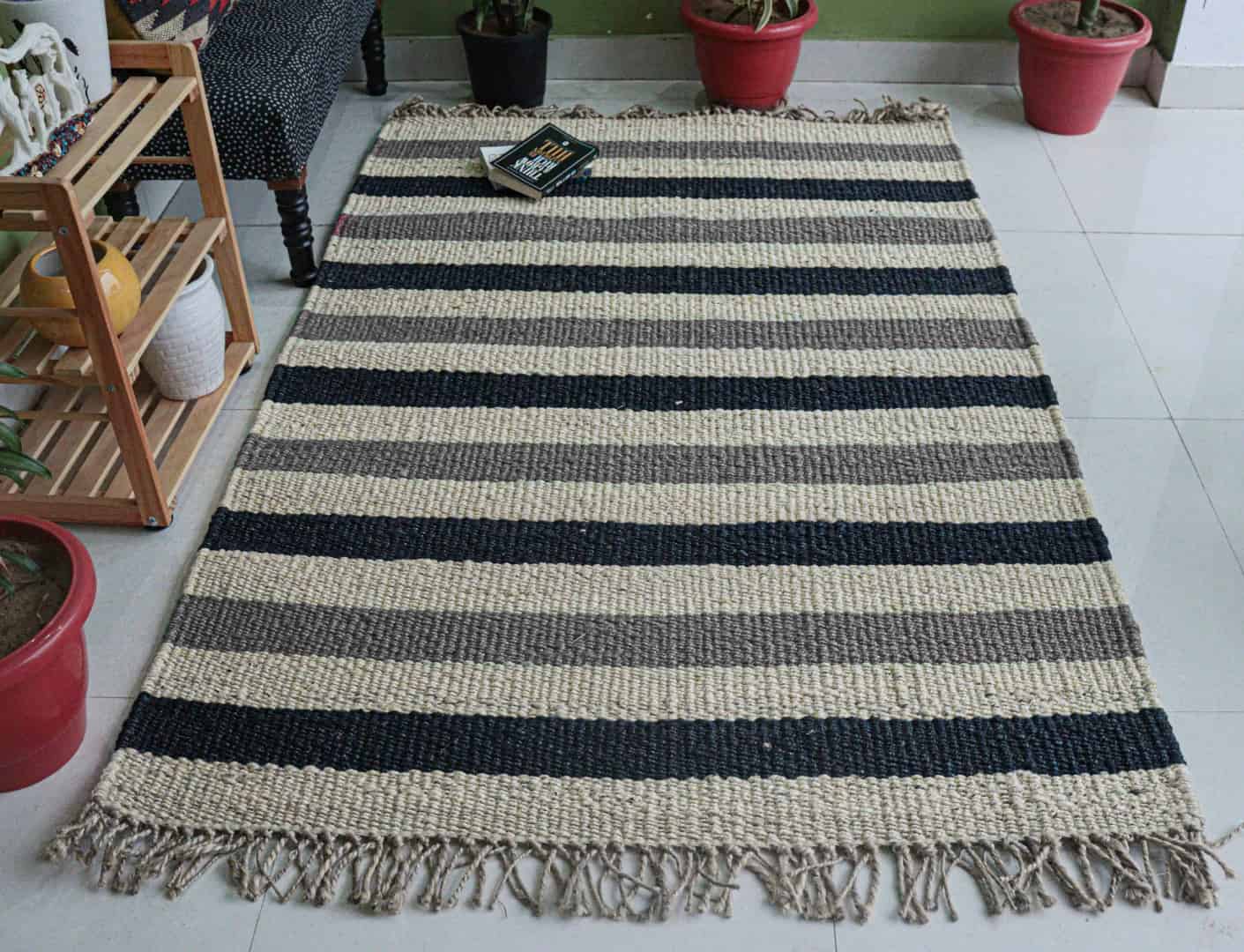 Handmade Off White Jute Hemp Rug For Living Area Decor With Grey and Black Stripes With Fringes Decor Hemp Jute Rug  - Image 1