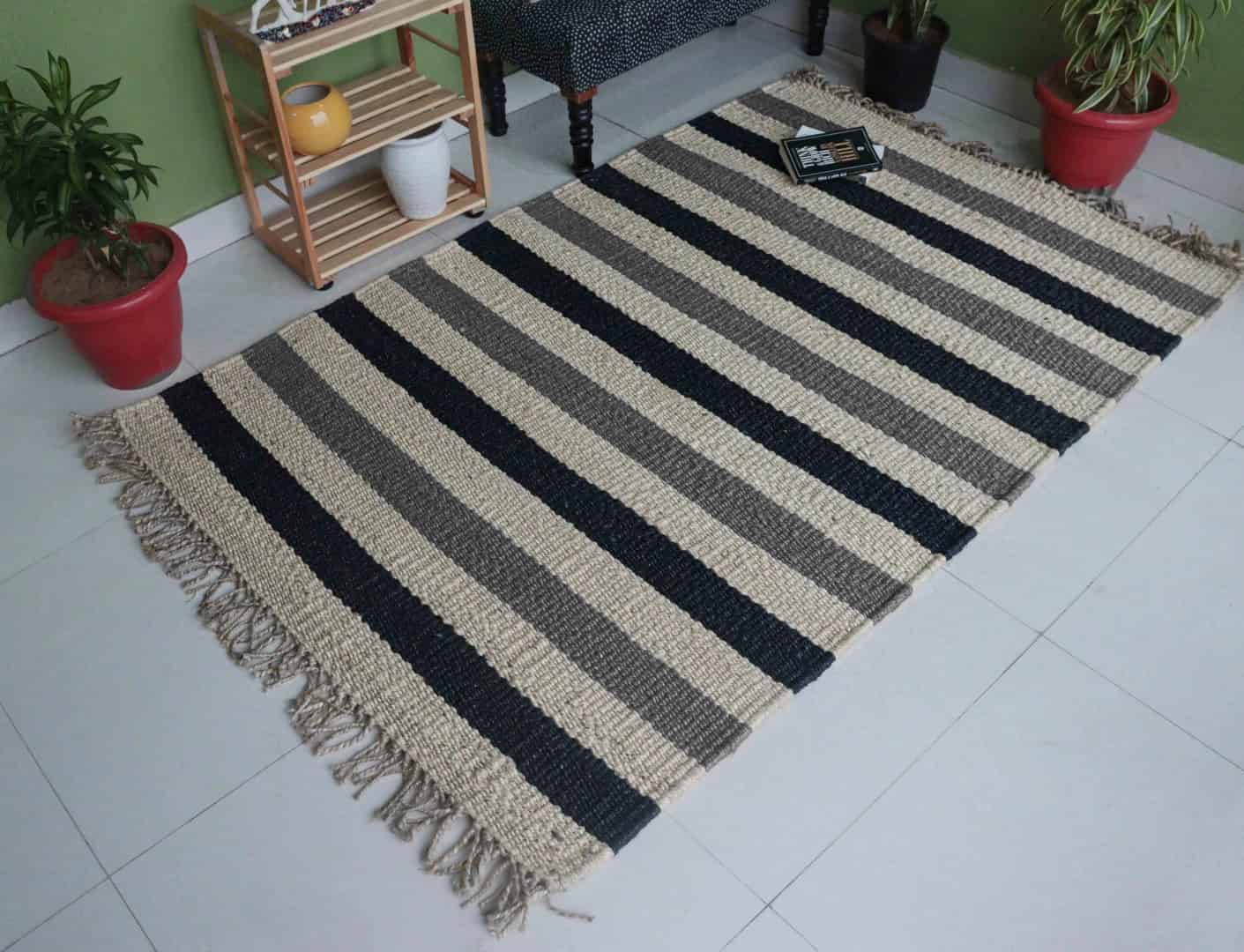 Handmade Off White Jute Hemp Rug For Living Area Decor With Grey and Black Stripes With Fringes Decor Hemp Jute Rug  - Image 2