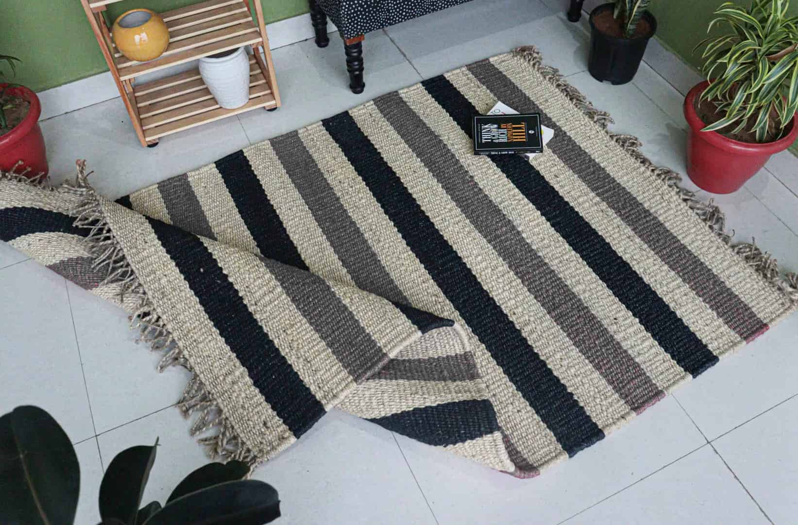 Handmade Off White Jute Hemp Rug For Living Area Decor With Grey and Black Stripes With Fringes Decor Hemp Jute Rug  - Image 3