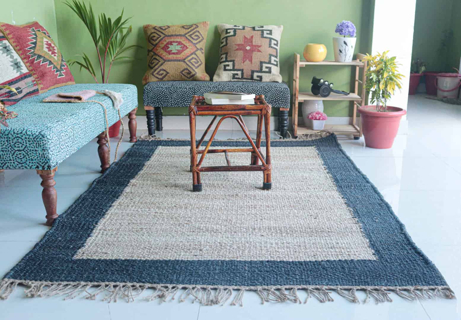 Custom Size Handwoven Large Area Off White Jute Hemp Rug with Navy Blue Border For Living Room And Kitchen Decor Rug  - Image 2