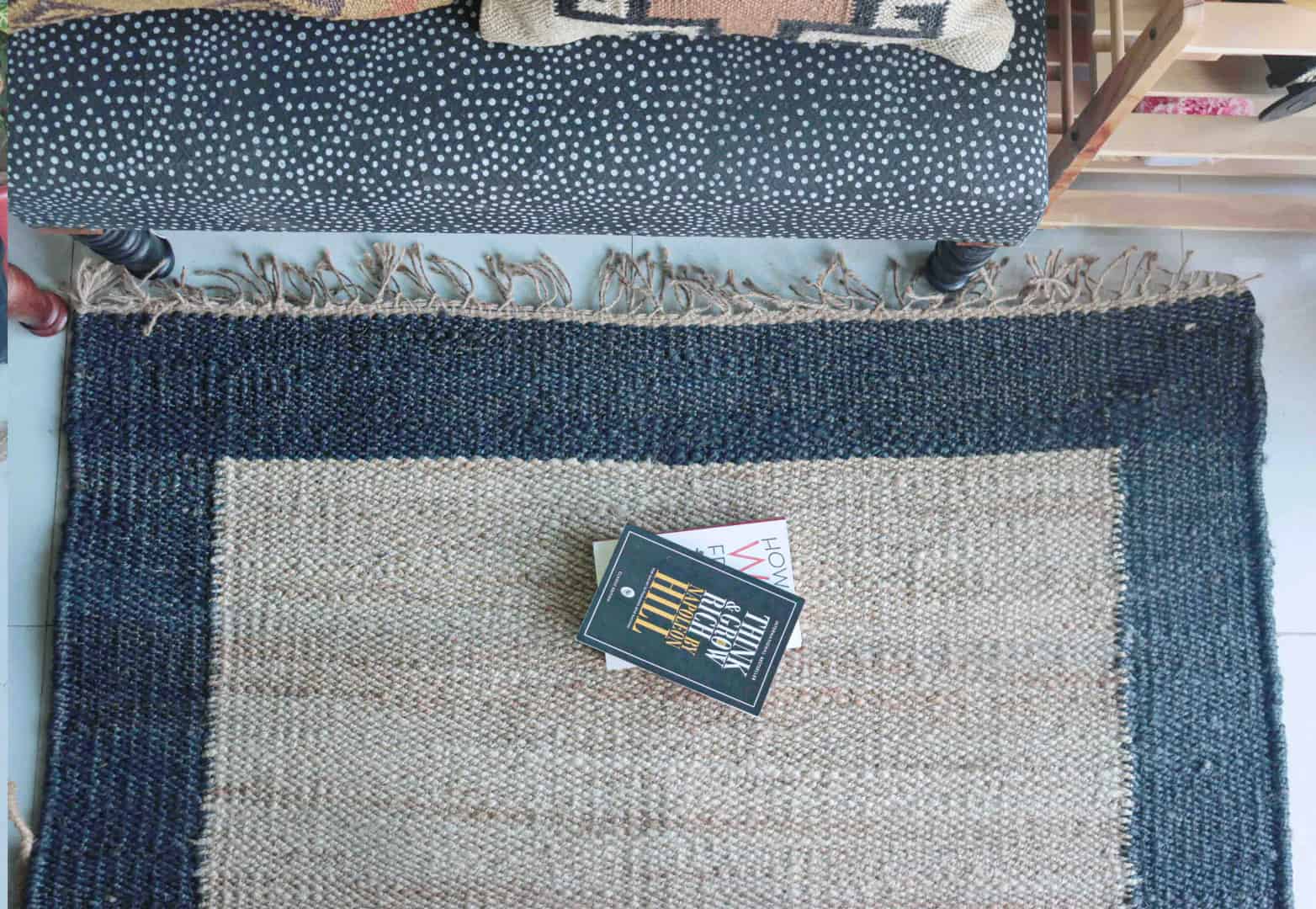 Custom Size Handwoven Large Area Off White Jute Hemp Rug with Navy Blue Border For Living Room And Kitchen Decor Rug  - Image 9