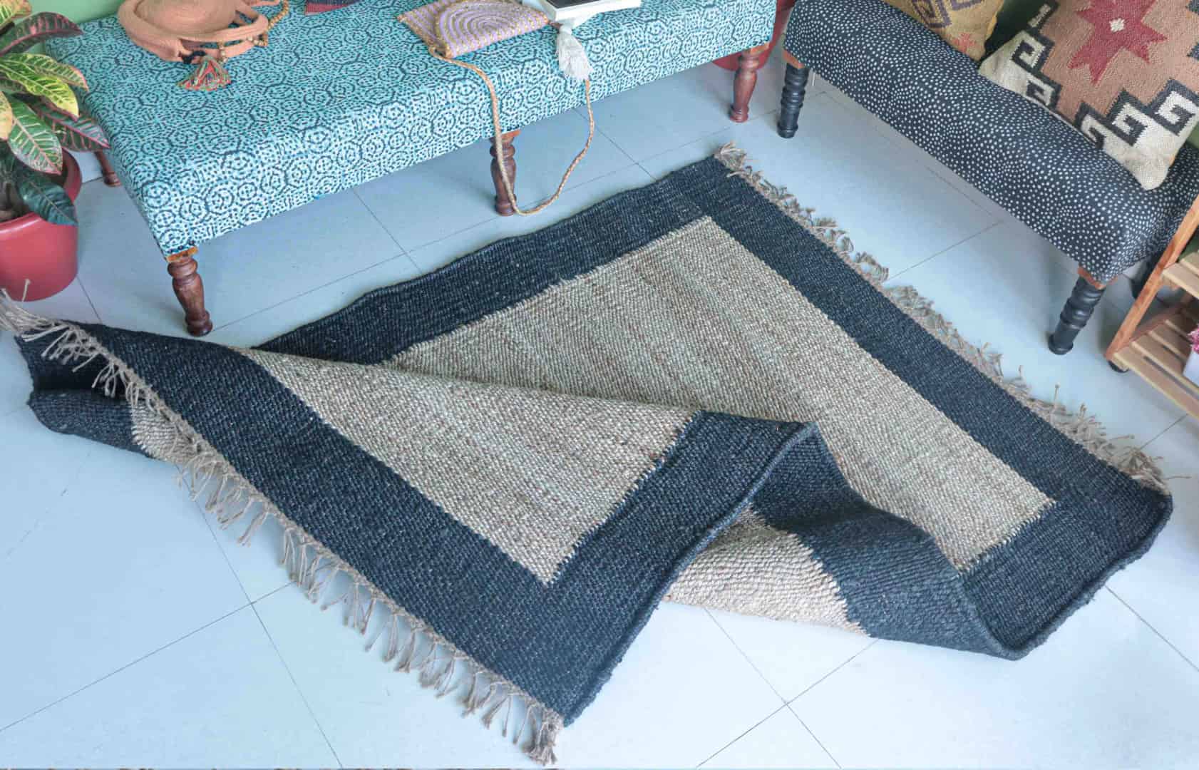 Custom Size Handwoven Large Area Off White Jute Hemp Rug with Navy Blue Border For Living Room And Kitchen Decor Rug  - Image 3
