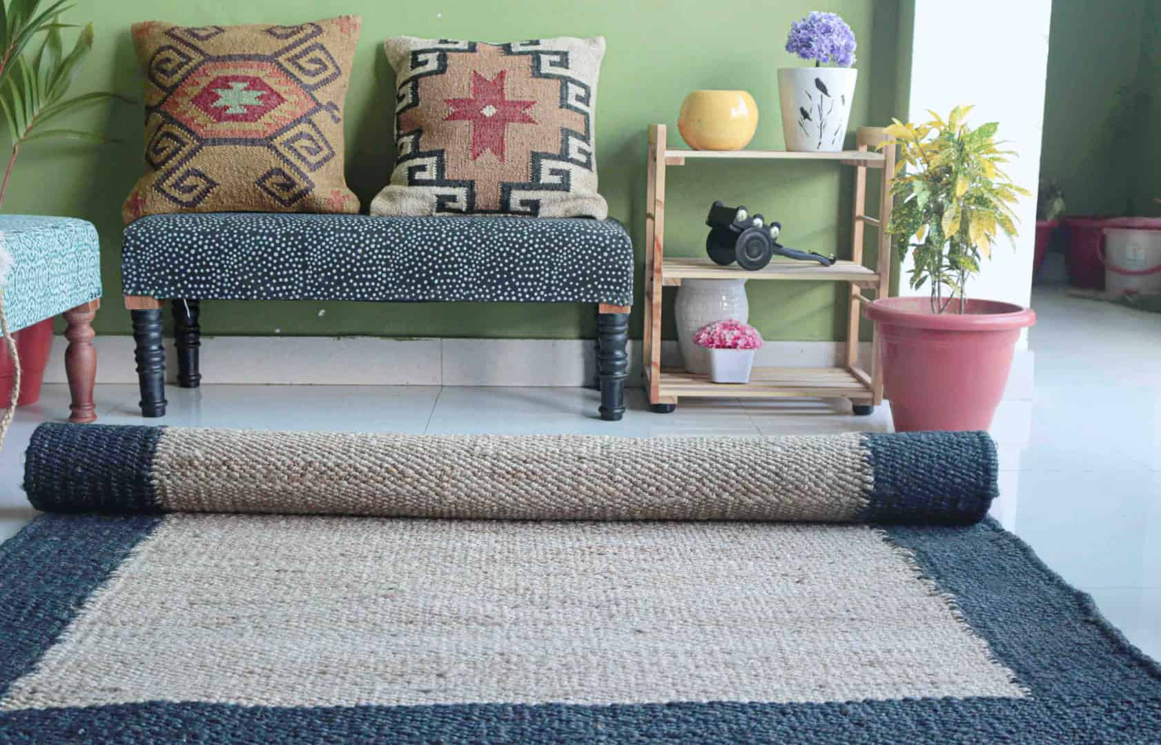 Custom Size Handwoven Large Area Off White Jute Hemp Rug with Navy Blue Border For Living Room And Kitchen Decor Rug  - Image 8
