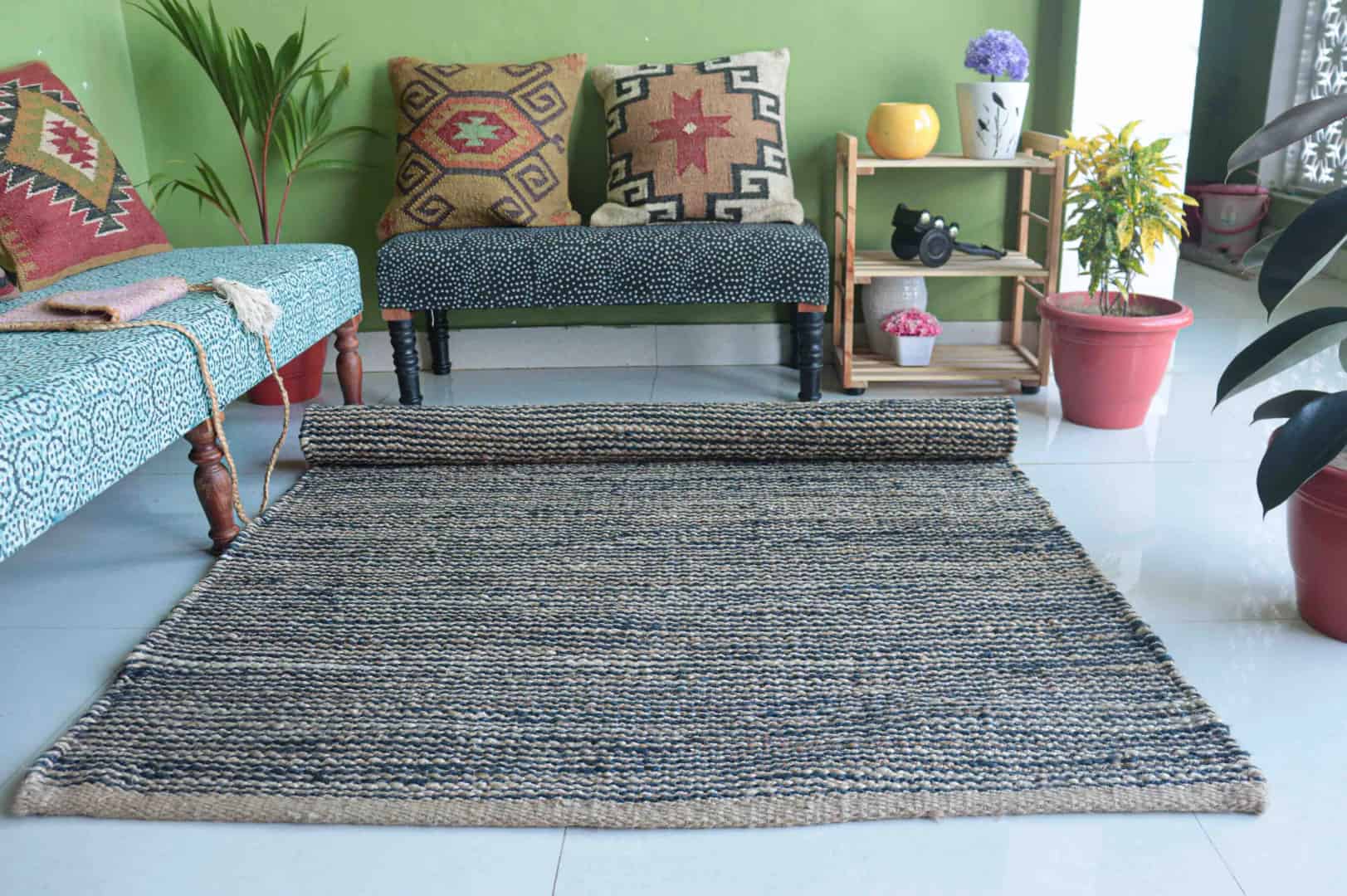 Eco Friendly Handwoven Jute Hemp Rectangle Rug For Stylish Living Area Decor With Multicolor Stripes  - Image 4