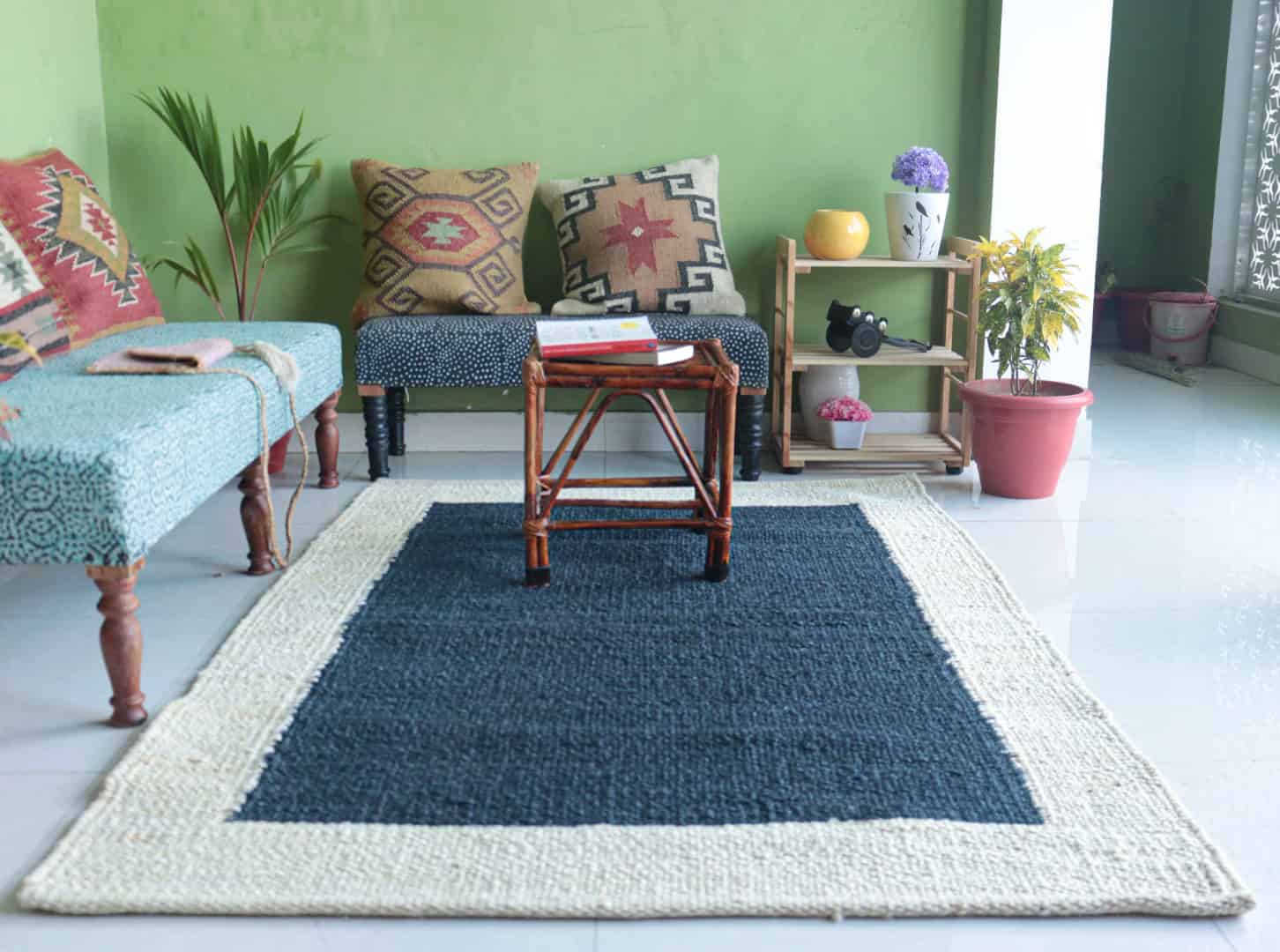 Hand Woven Blue with Off White Border Stair Jute Hemp Rug for Living Room - Image 1