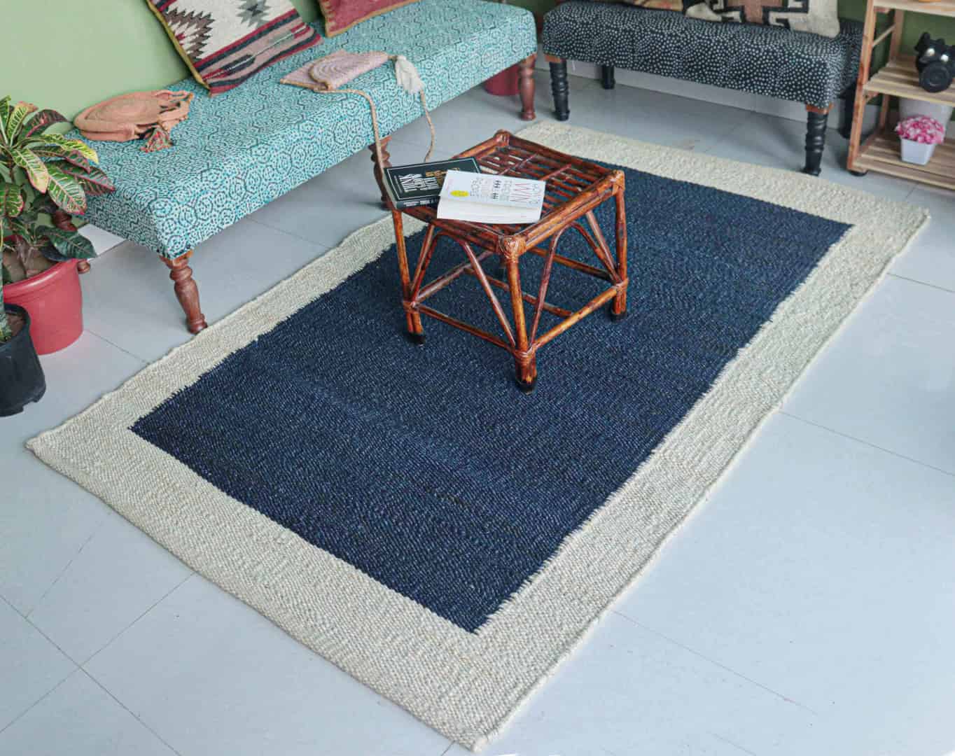 Hand Woven Blue with Off White Border Stair Jute Hemp Rug for Living Room - Image 2