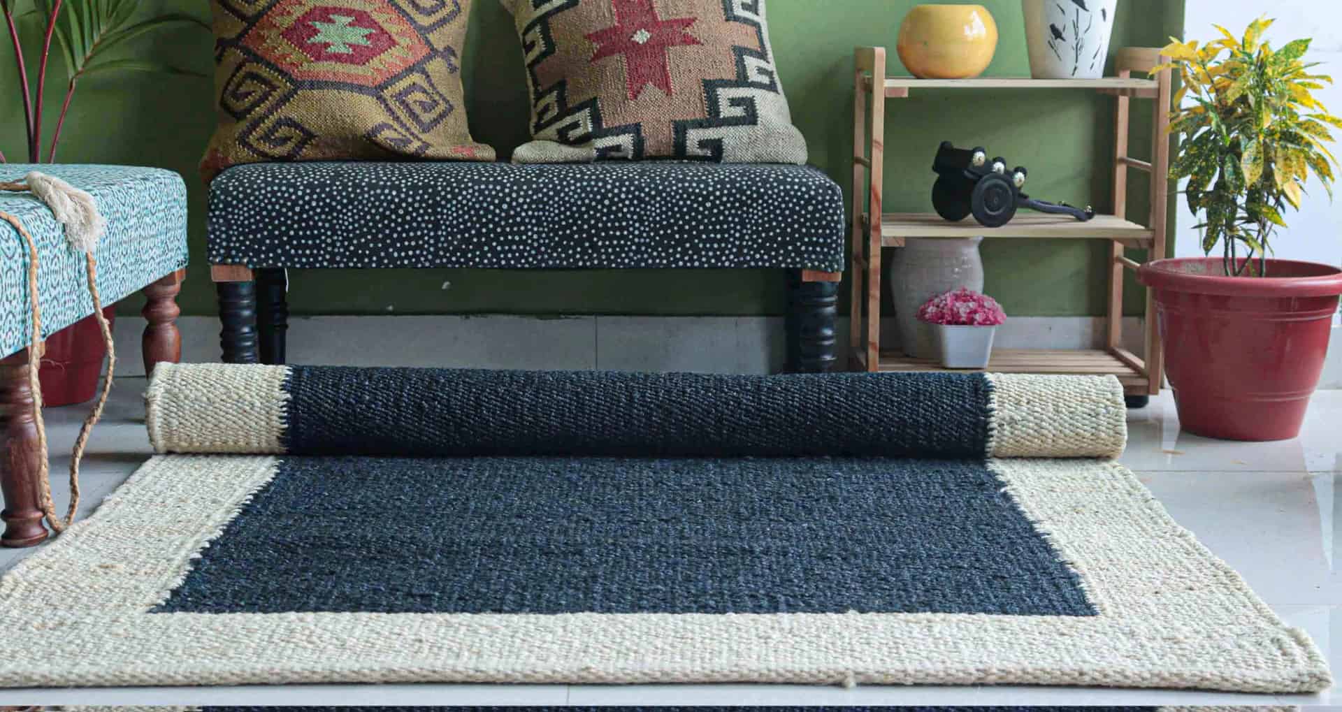 Hand Woven Blue with Off White Border Stair Jute Hemp Rug for Living Room - Image 3