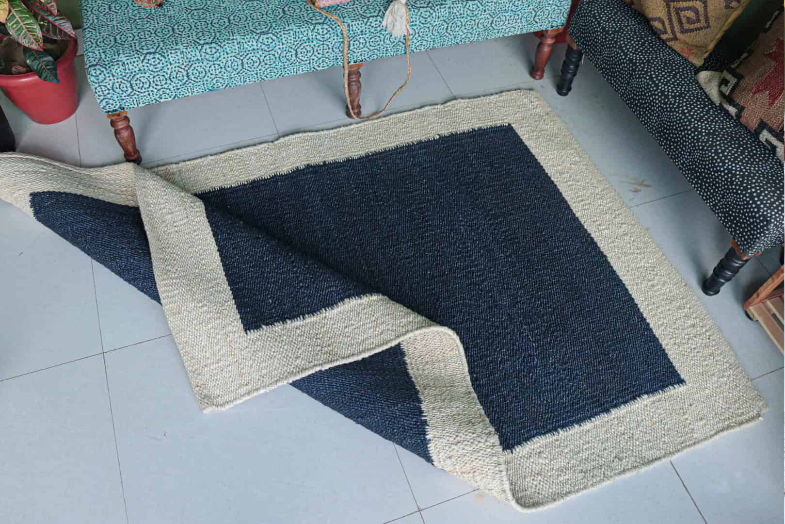 Hand Woven Blue with Off White Border Stair Jute Hemp Rug for Living Room - Image 4