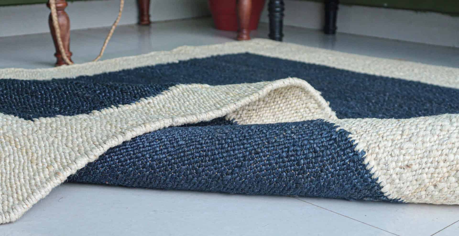 Hand Woven Blue with Off White Border Stair Jute Hemp Rug for Living Room - Image 5