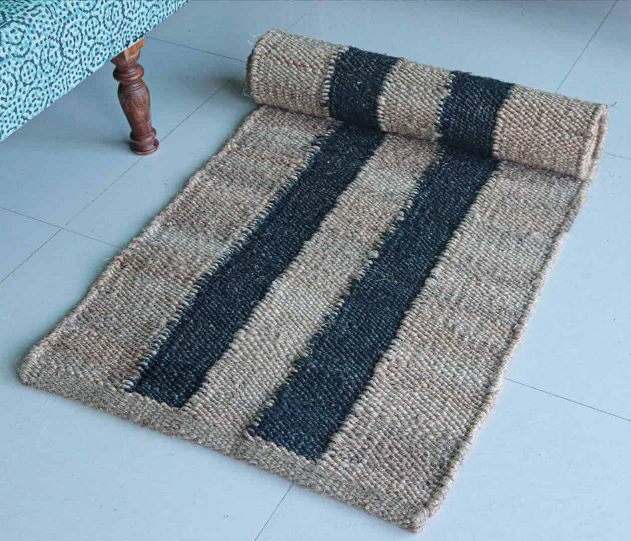 Indian Hand Woven Beige with Black Stripes Large Area Jute Hemp Runner Rug - Image 2