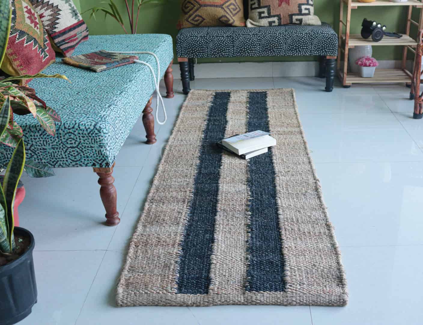 Indian Hand Woven Beige with Black Stripes Large Area Jute Hemp Runner Rug - Image 1