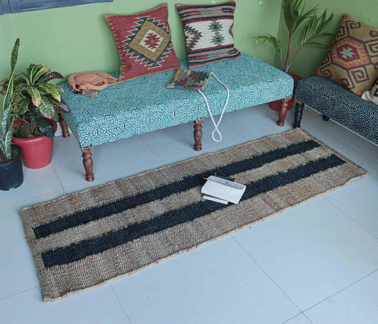 Indian Hand Woven Beige with Black Stripes Large Area Jute Hemp Runner Rug - Image 3