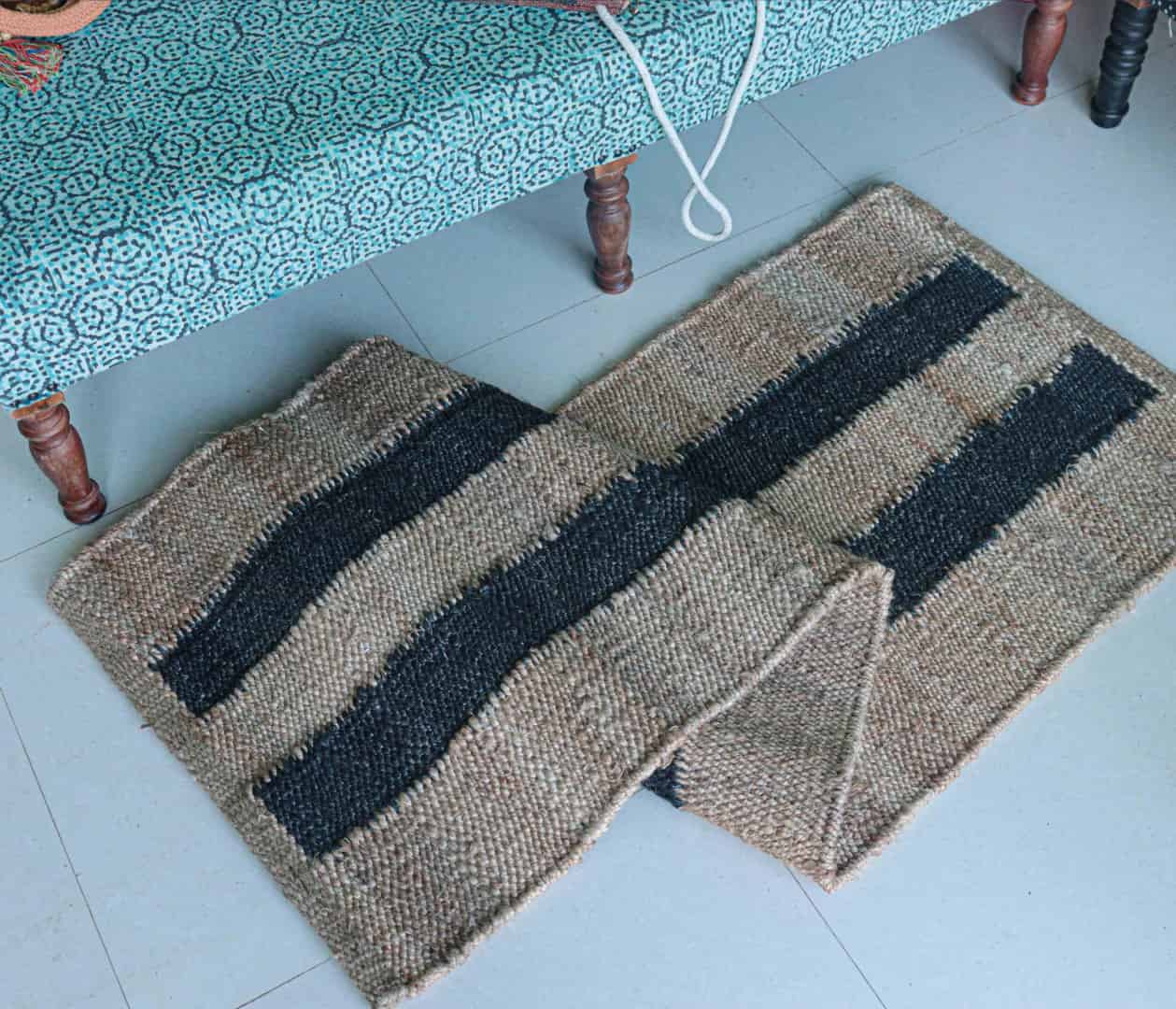 Indian Hand Woven Beige with Black Stripes Large Area Jute Hemp Runner Rug - Image 7