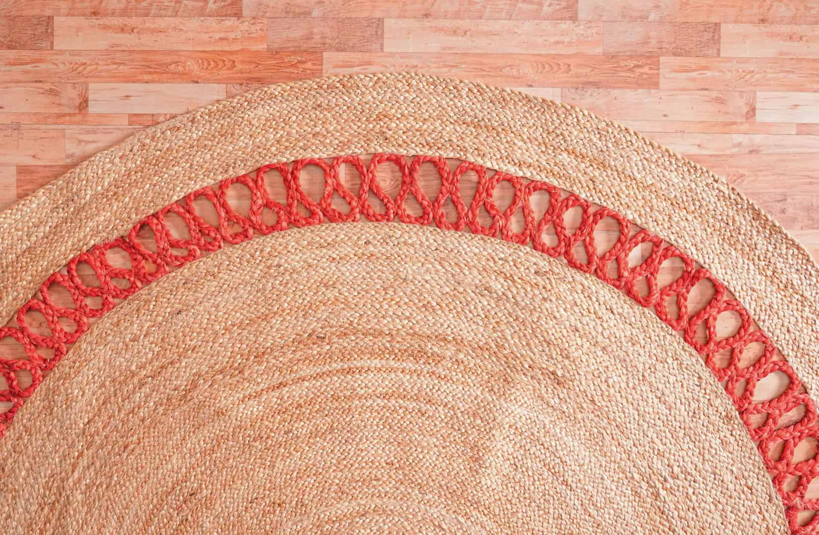 Indian Handmade Braided Home Decor Bohemian Round Jute Scalloped Rug with Custom Color Lattice Border - Image 3