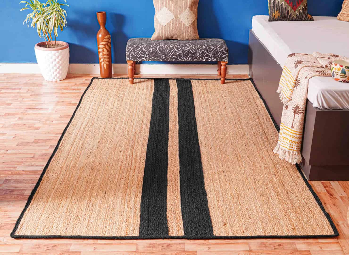 Natural Jute Braided Handmade Large Area Rug with Customize Color Stripes - Image 2
