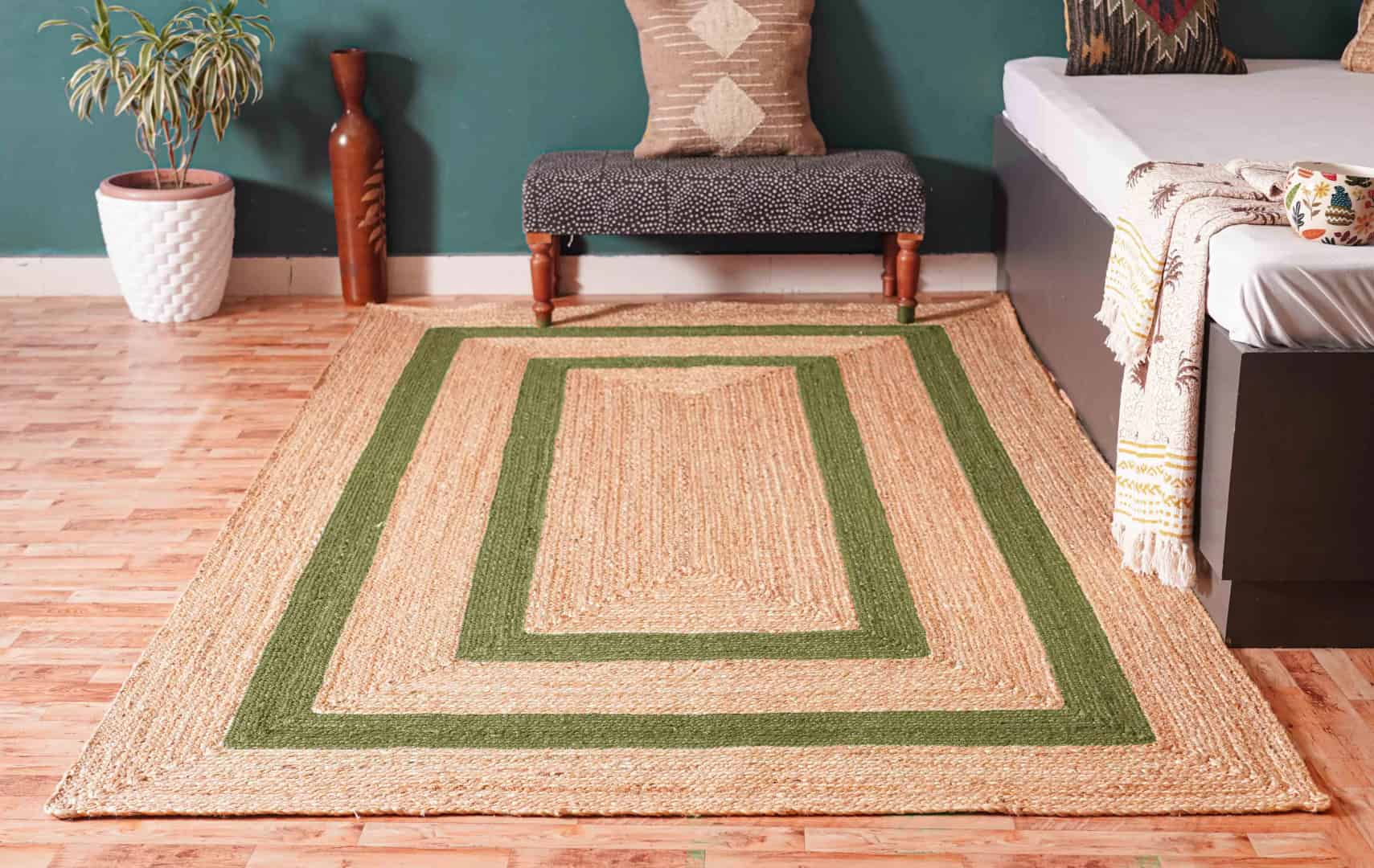 Indian Decorative Hand Braided Bohemian Natural Jute Rug with Custom Color Border - Image 1