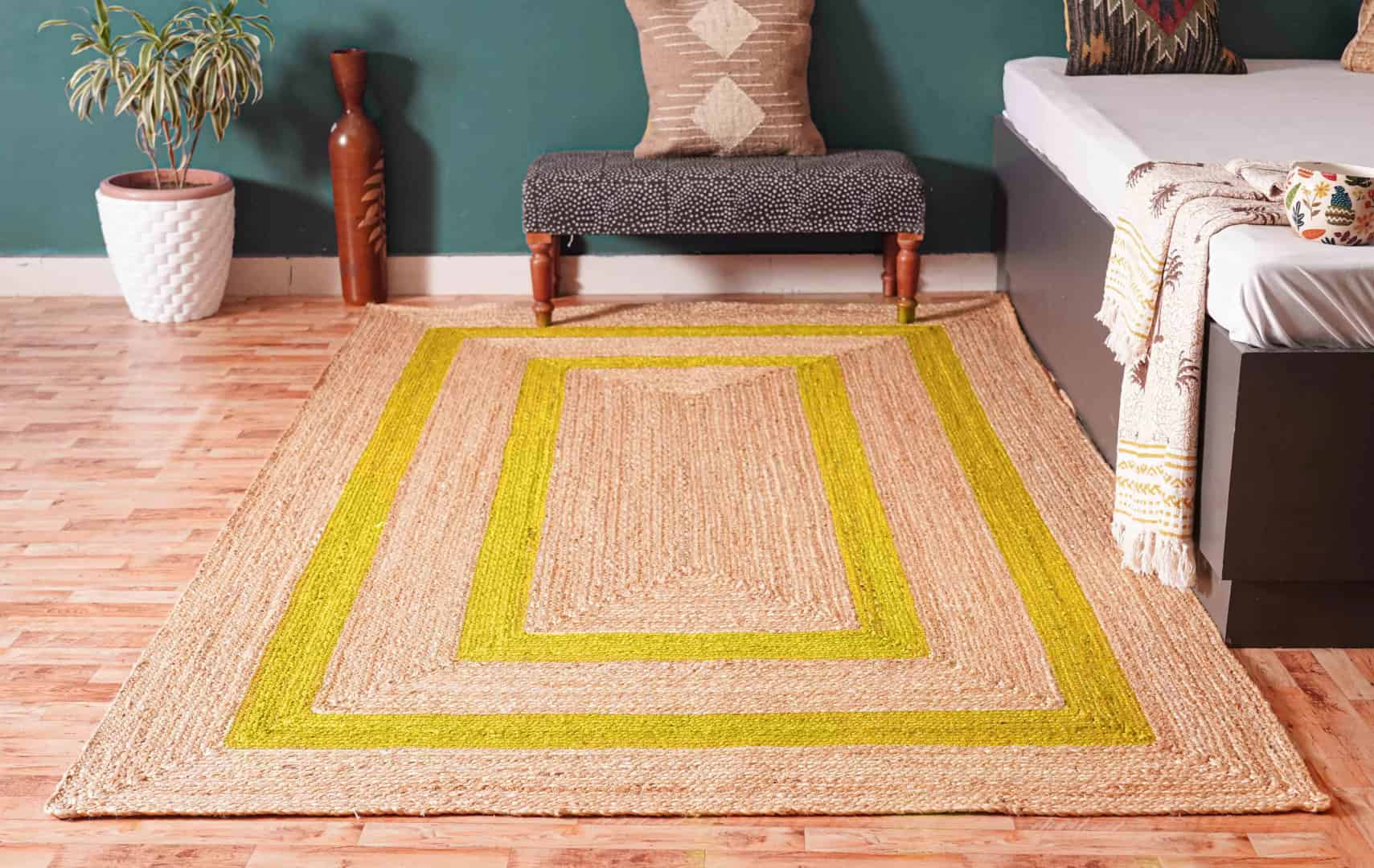 Indian Decorative Hand Braided Bohemian Natural Jute Rug with Custom Color Border - Image 9