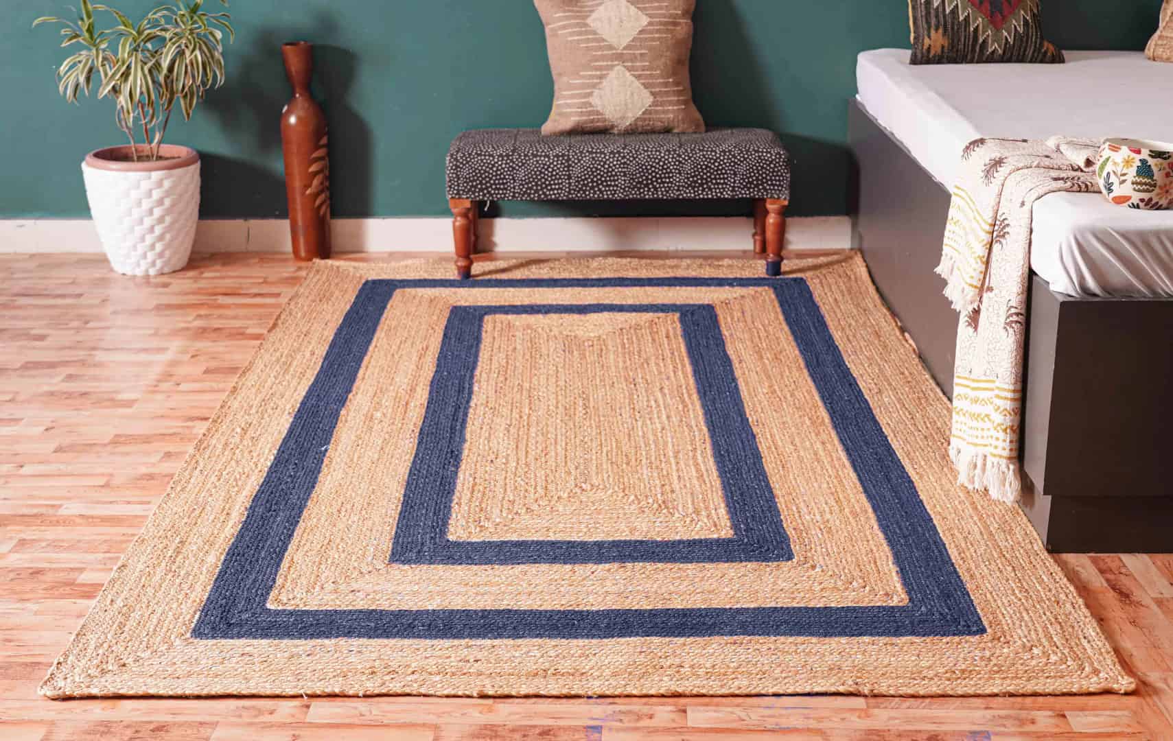 Large Area Hand Braided Bohemian Natural Jute Rectangle Rug with Multicolor Border - Image 1
