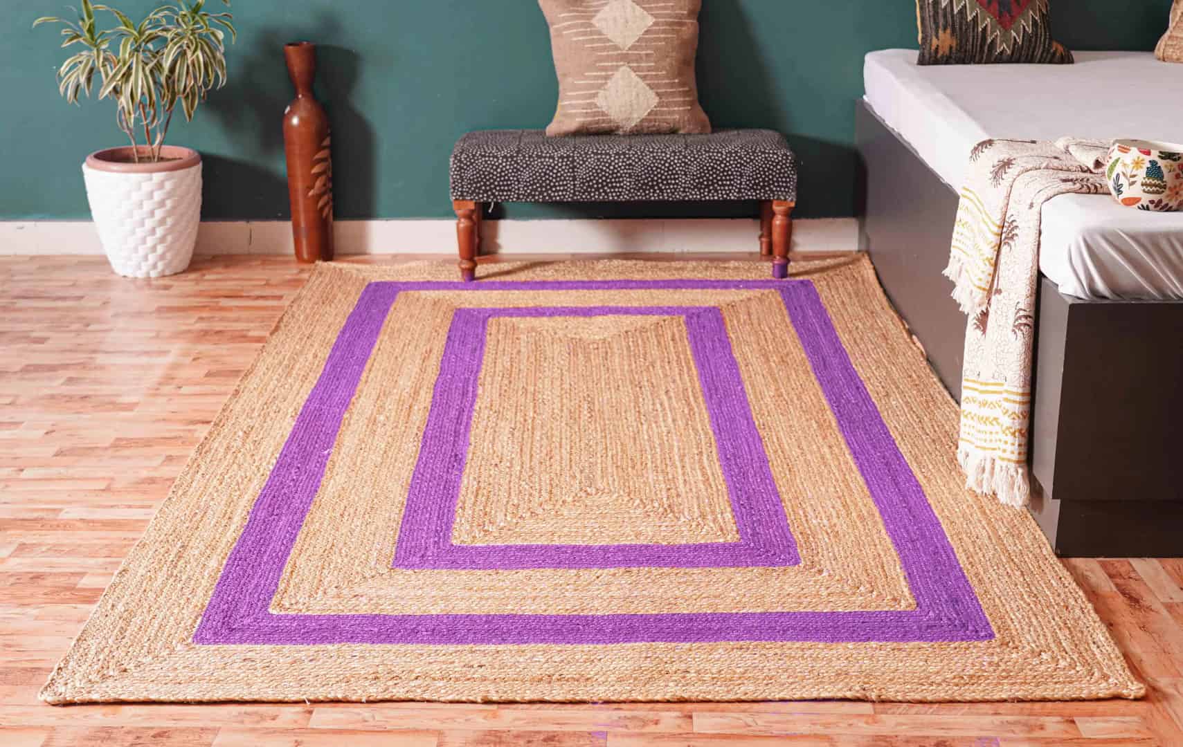 Large Area Hand Braided Bohemian Natural Jute Rectangle Rug with Multicolor Border - Image 8