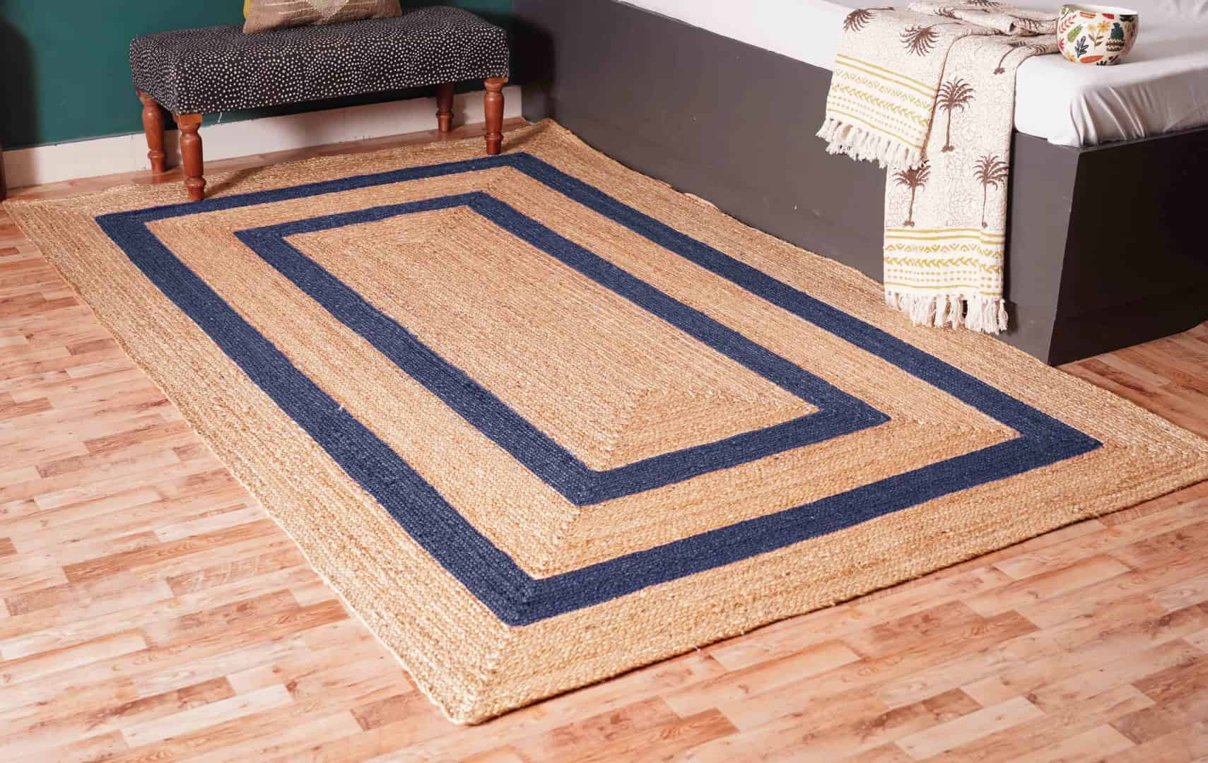 Large Area Hand Braided Bohemian Natural Jute Rectangle Rug with Multicolor Border - Image 2