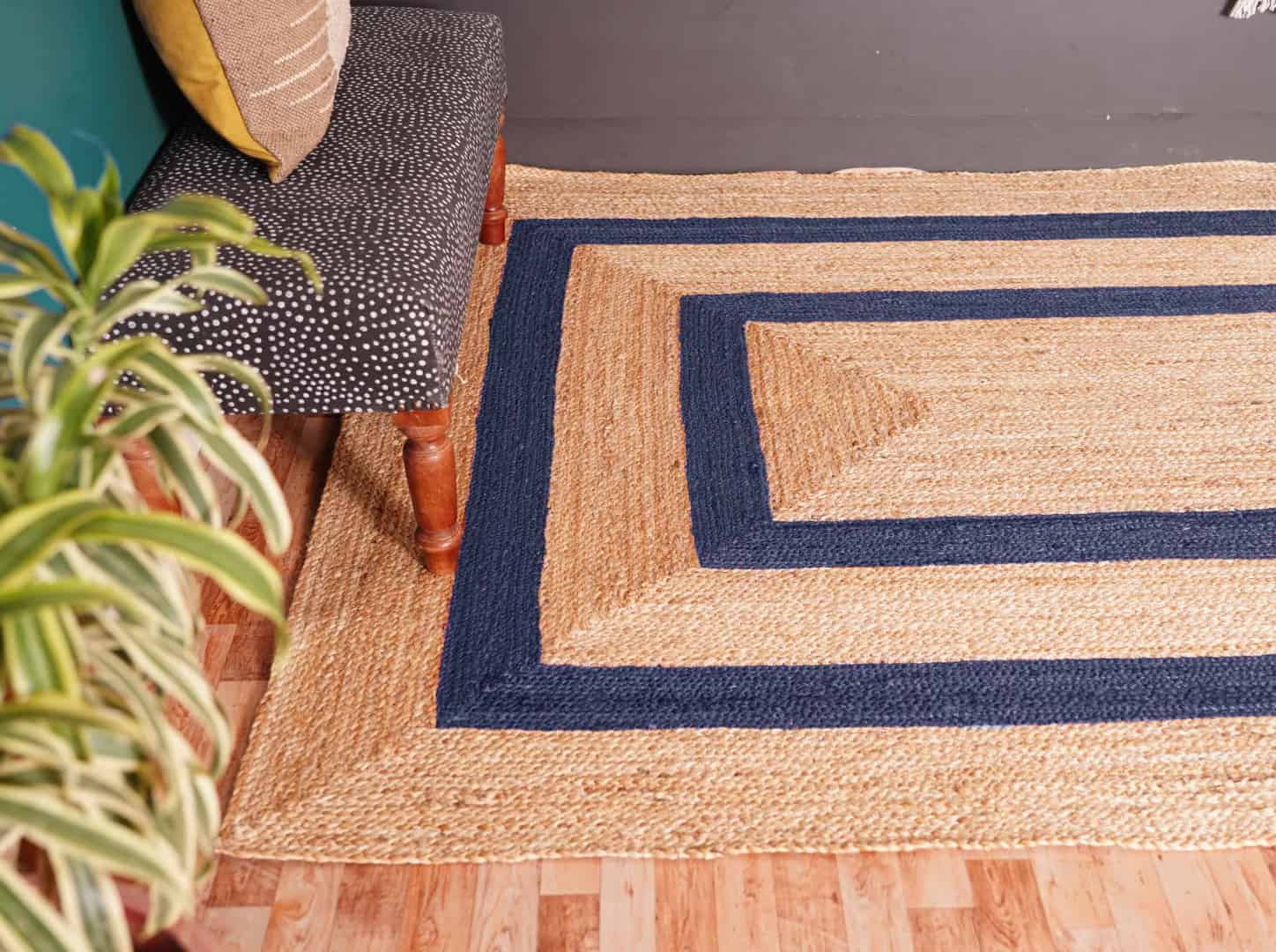 Large Area Hand Braided Bohemian Natural Jute Rectangle Rug with Multicolor Border - Image 6