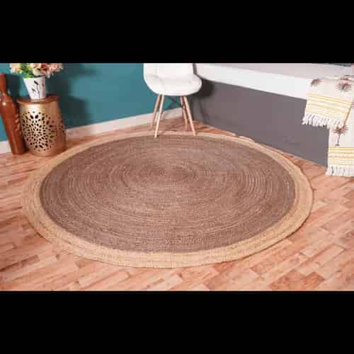 Handmade Grey And White Round Jute Rug with Beige Border  - Image 4