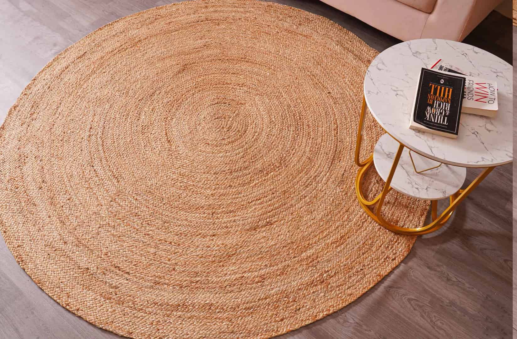 Home Decor Bohemian Handmade Braided Beige and White Jute Area Round Rug - Image 4