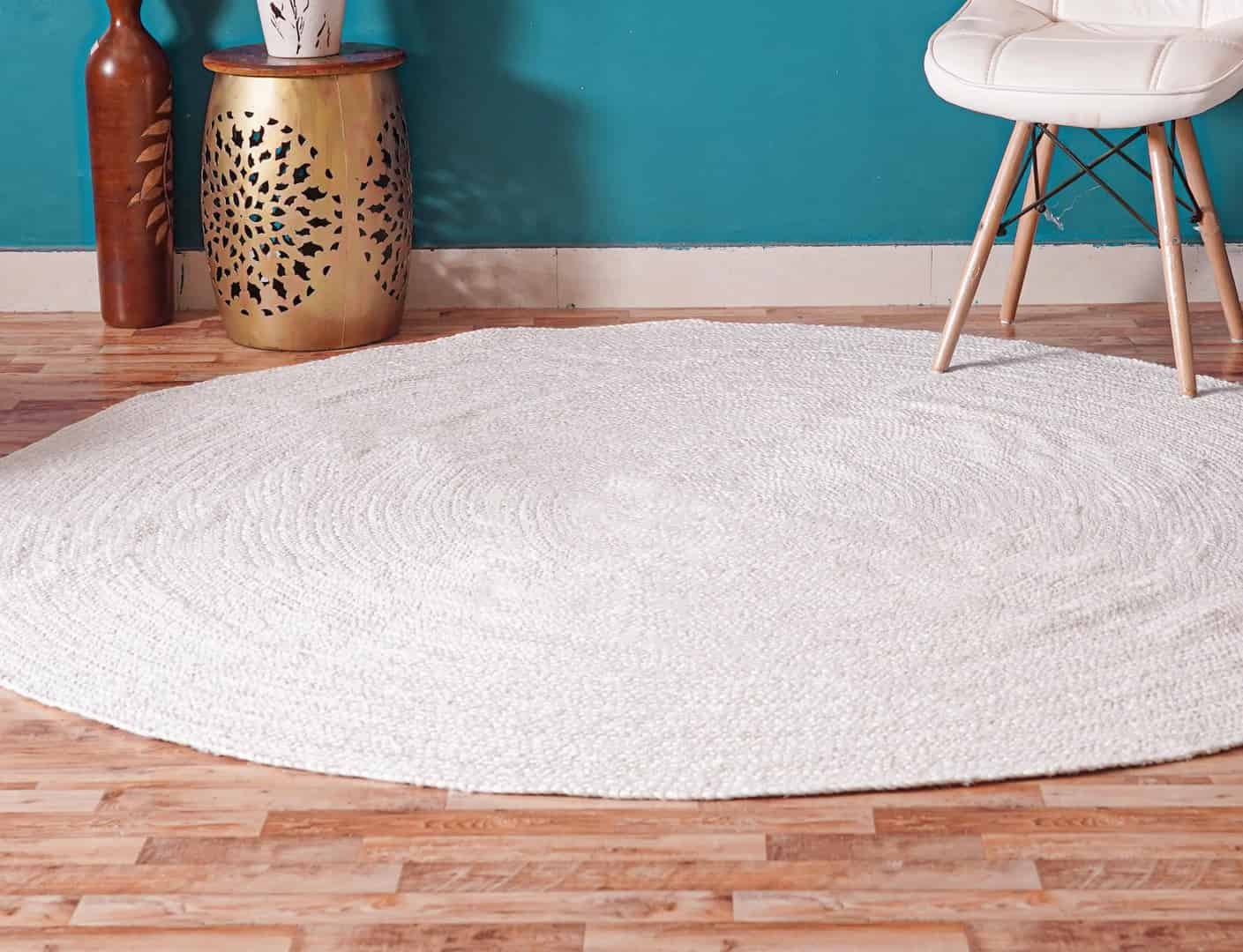 Home Decor Bohemian Handmade Braided Beige and White Jute Area Round Rug - Image 10