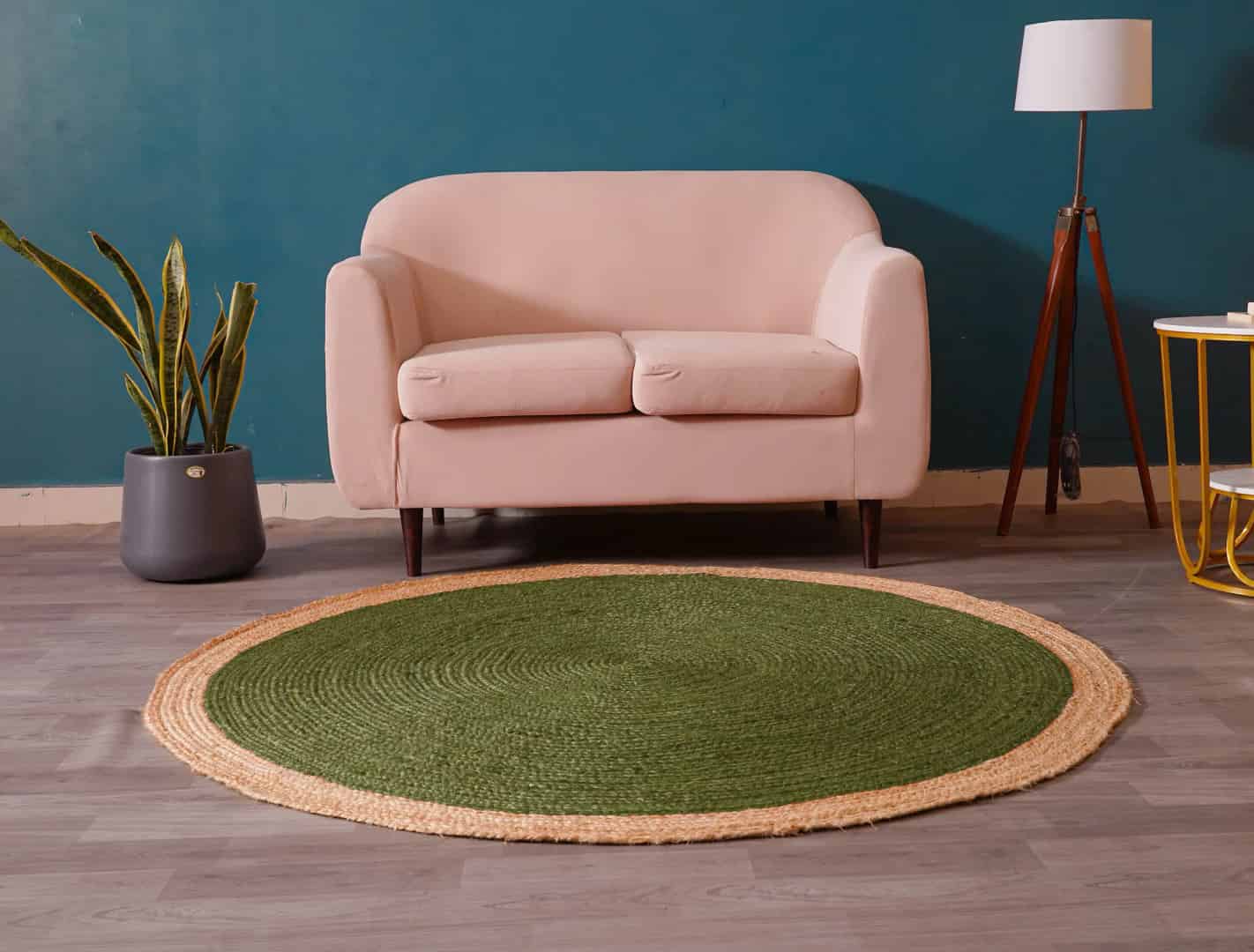 Hand Braided Custom Color Bohemian Jute Round Rug with Beige Border - Image 2