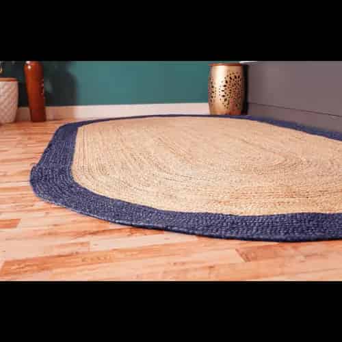 Traditional Indian Handmade Natural Braided Oval Jute Rug with Multicolor Border - Image 3