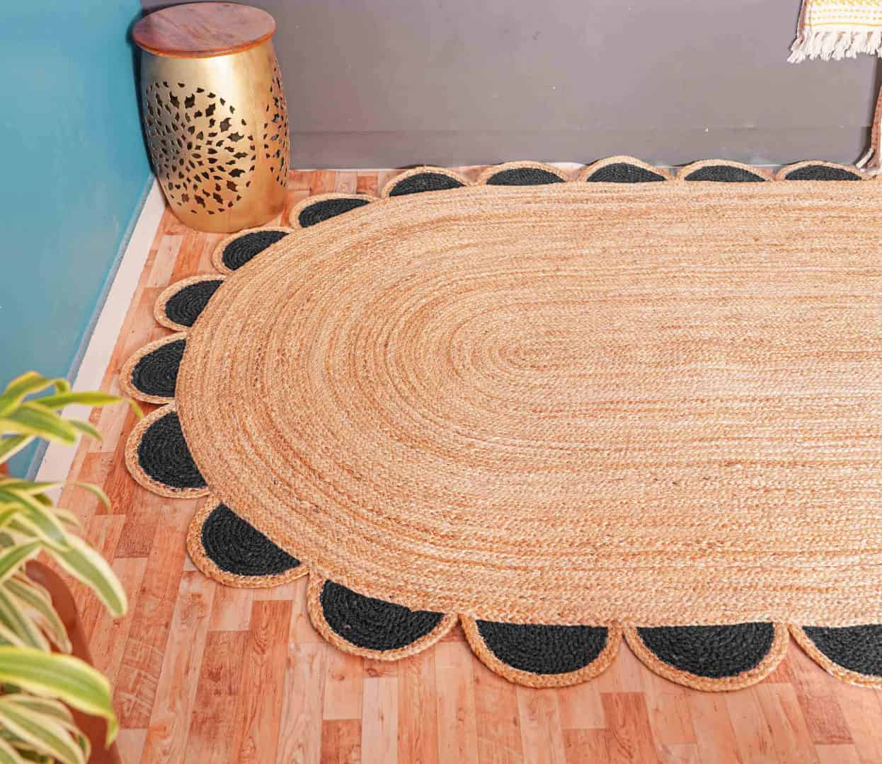 Traditional Indian Hand Braided Color Scalloped Natural Jute Oval Rug - Image 6