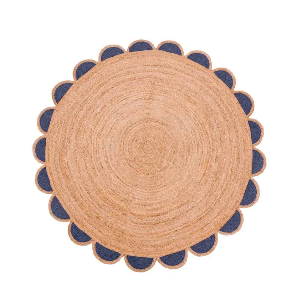 Beige with Custom Color Scalloped Handmade Jute Braided Boho Round Rug - Image 5