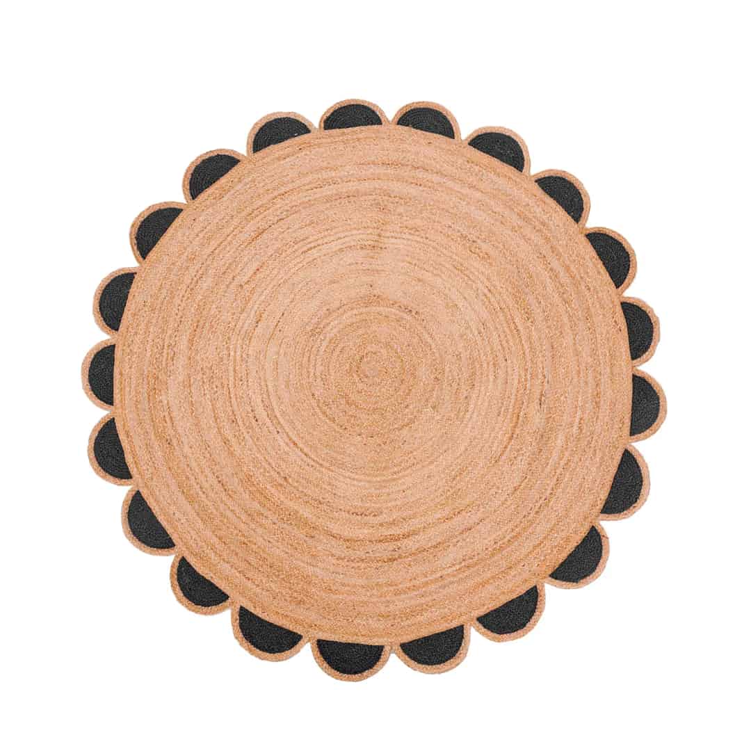 Hand Braided Natural Jute Round Rug with Custom Color Scallop Design - Image 1