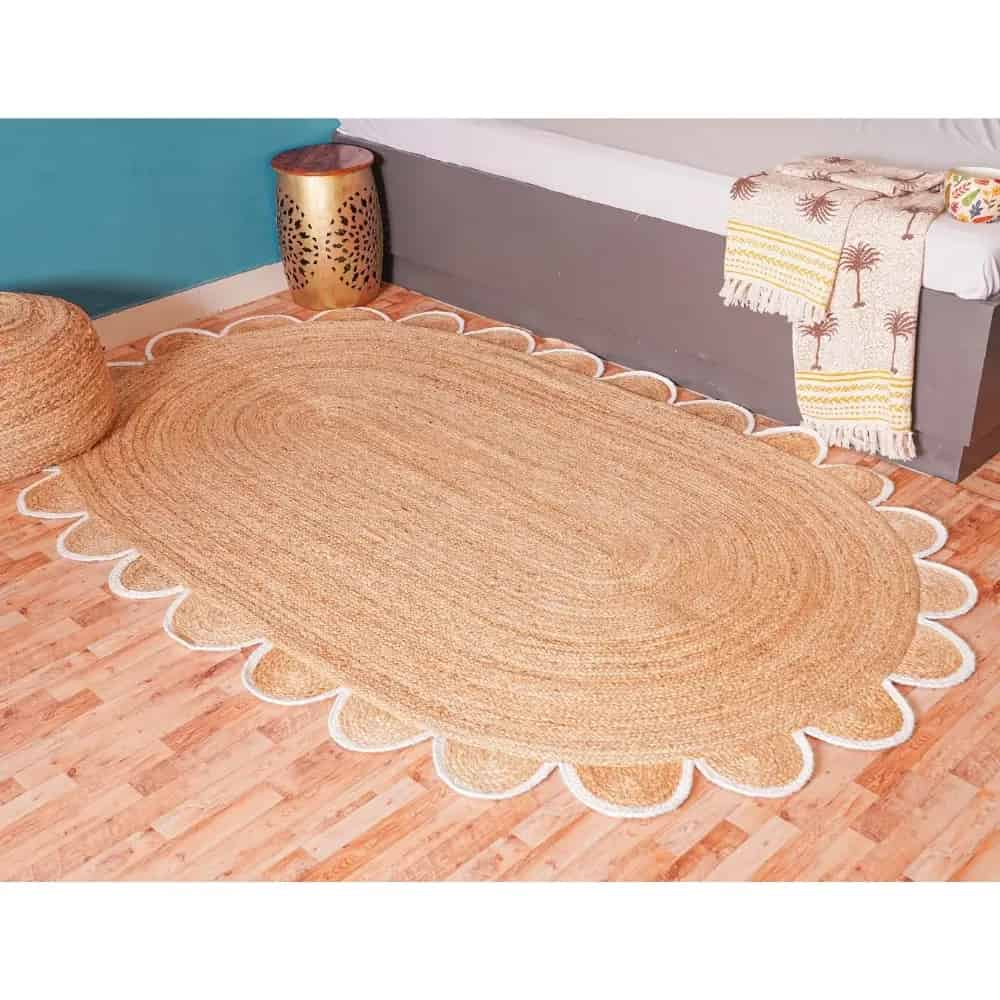 White and Red Scalloped Border Handmade Natural Jute Braided Oval Rug - Image 2