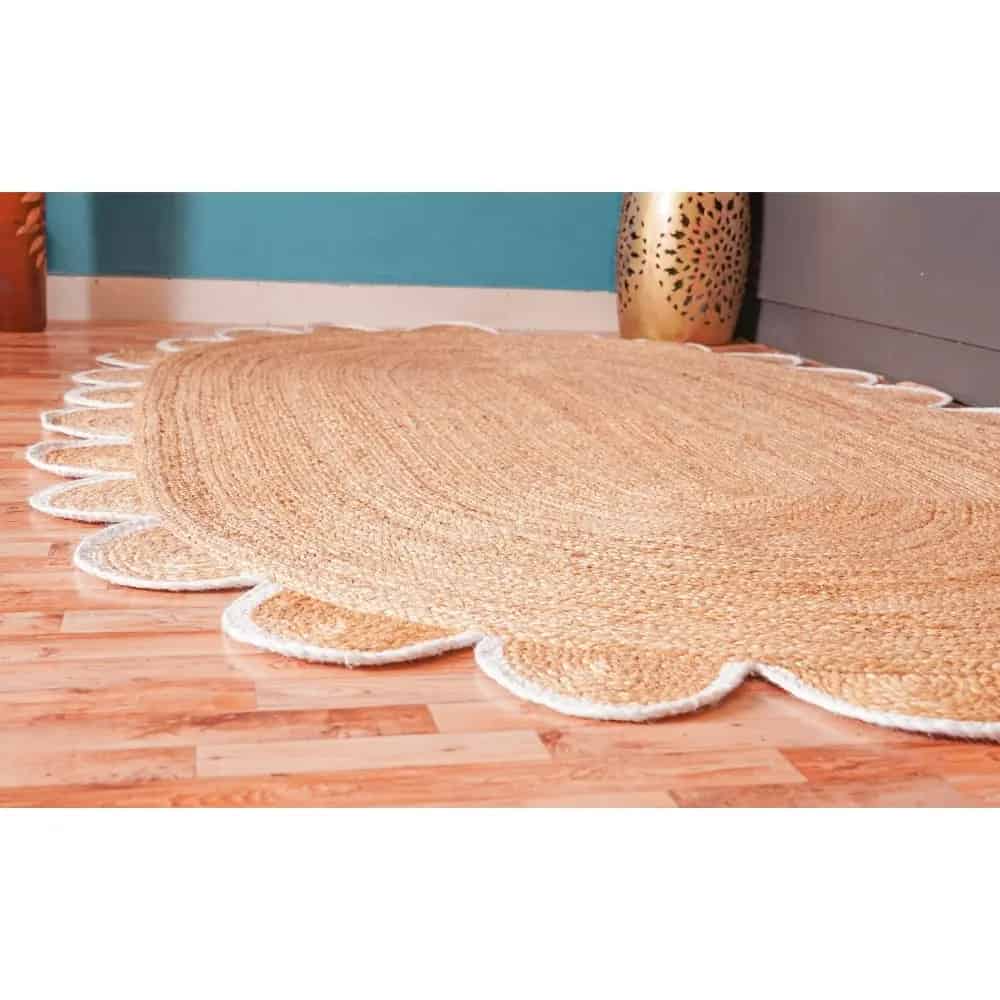 White and Red Scalloped Border Handmade Natural Jute Braided Oval Rug - Image 4
