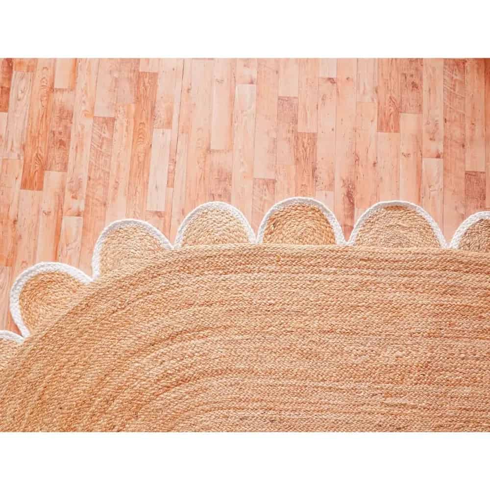 White and Red Scalloped Border Handmade Natural Jute Braided Oval Rug - Image 7