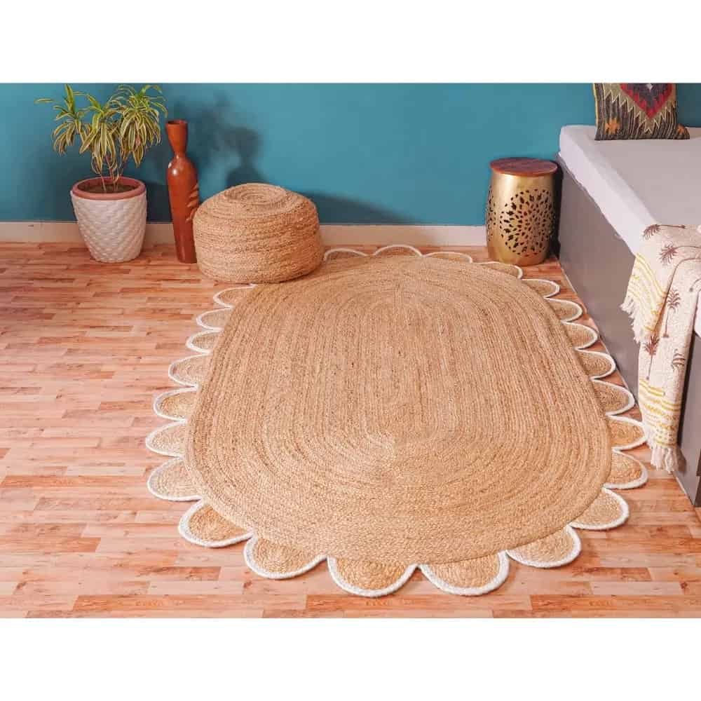 White and Red Scalloped Border Handmade Natural Jute Braided Oval Rug - Image 3