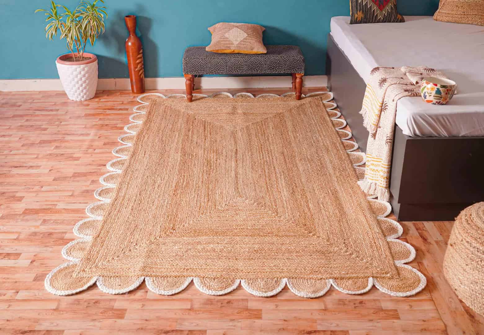 4x6 5x8 6x9 9x12 Handmade Natural Jute Braided Custom Color Scalloped Bordered Rectangle Rug - Image 2