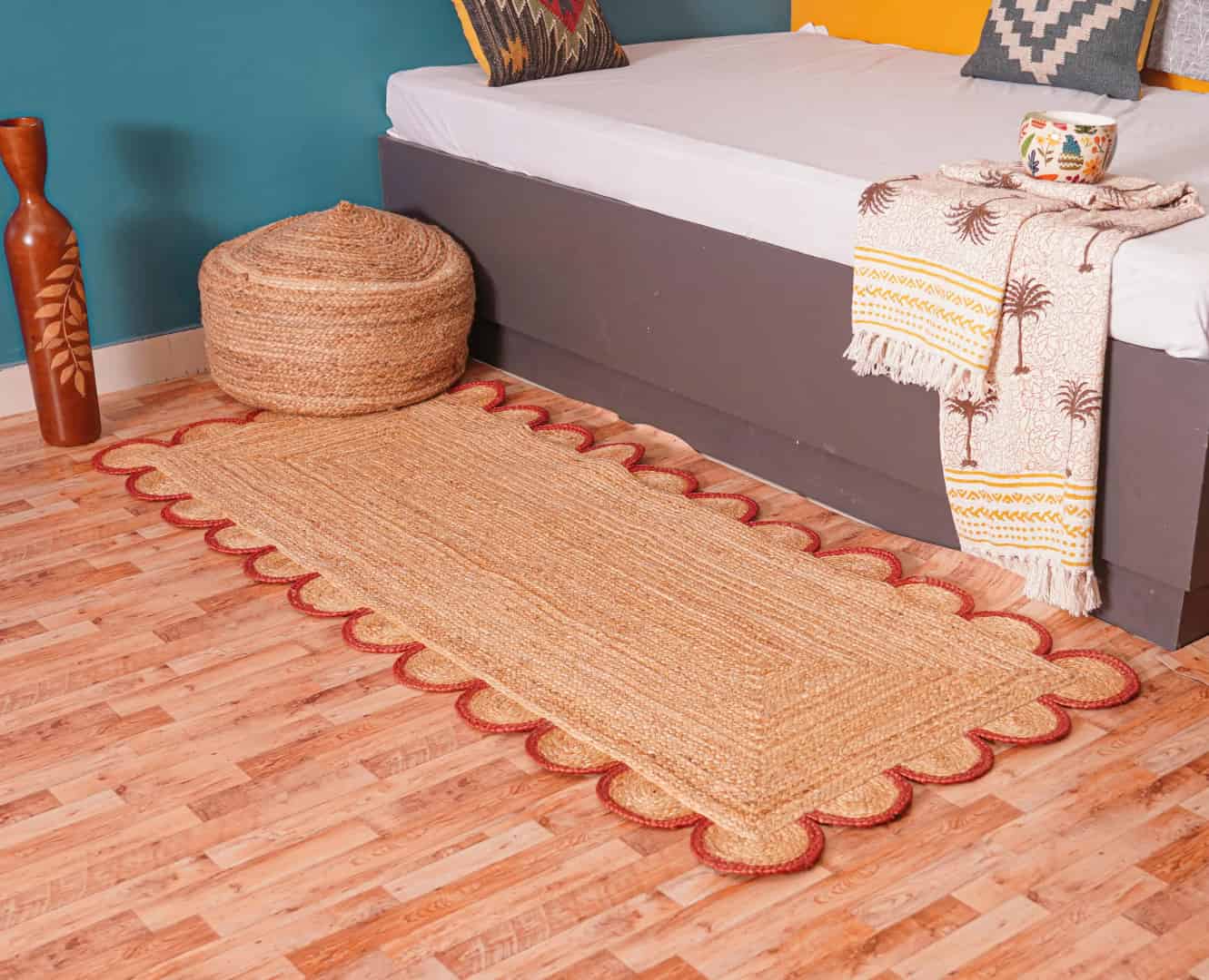 Scalloped Hand Braided Bohemian Natural Jute Runner Rug with Red and White Border - Image 3