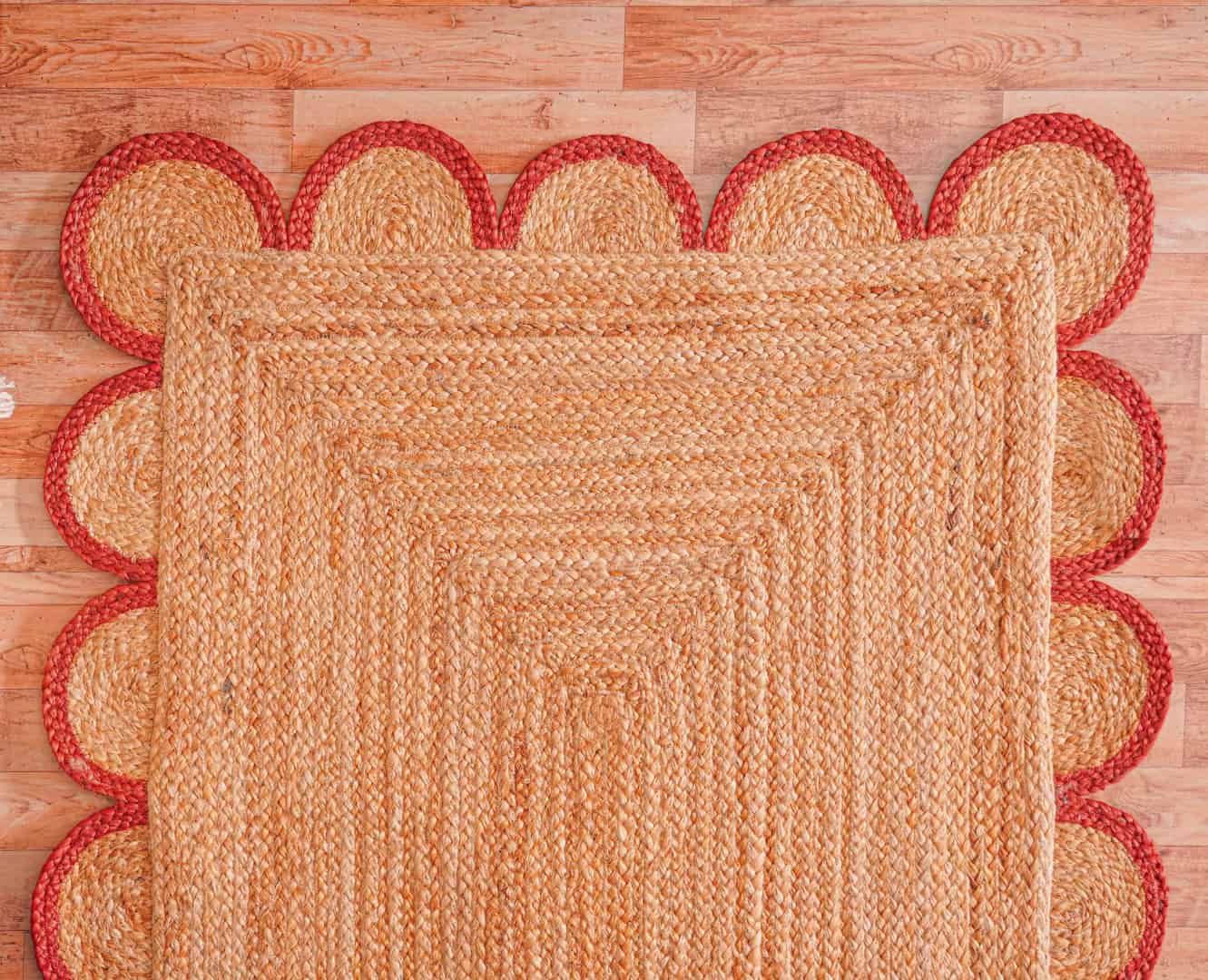 Scalloped Hand Braided Bohemian Natural Jute Runner Rug with Red and White Border - Image 4