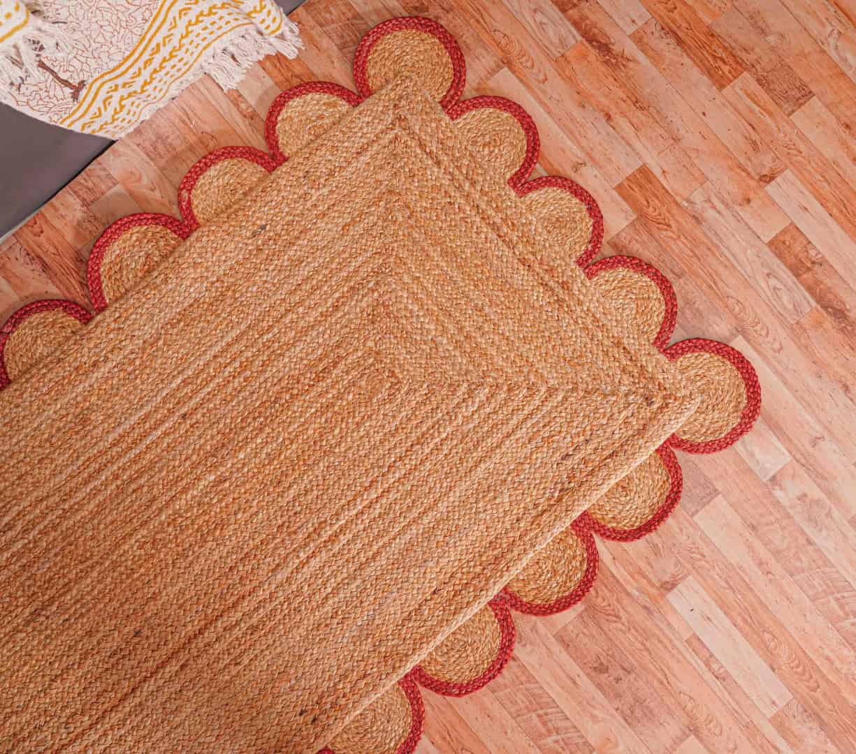 Scalloped Hand Braided Bohemian Natural Jute Runner Rug with Red and White Border - Image 5